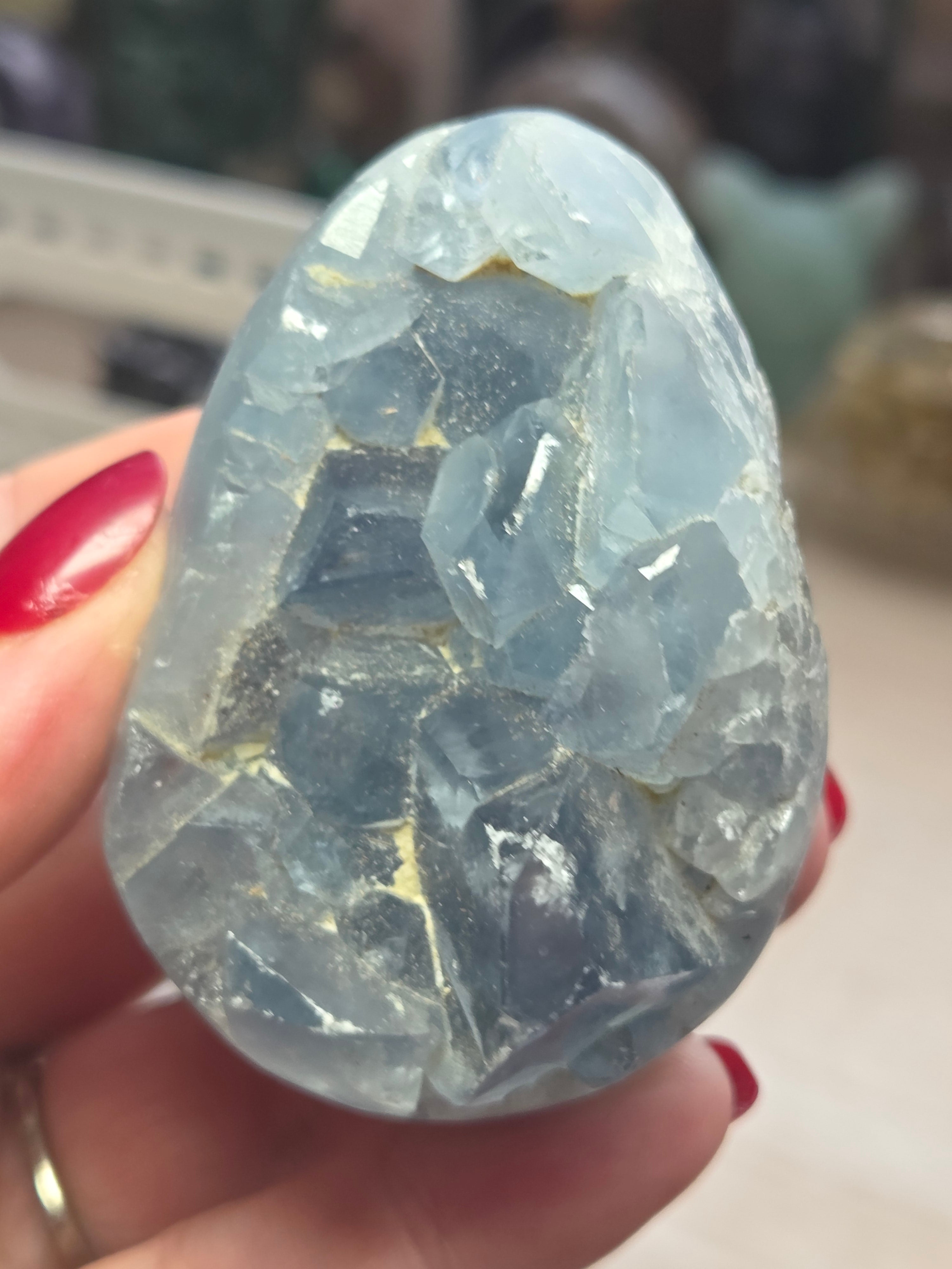Blue celicite crystal egg carving specimen