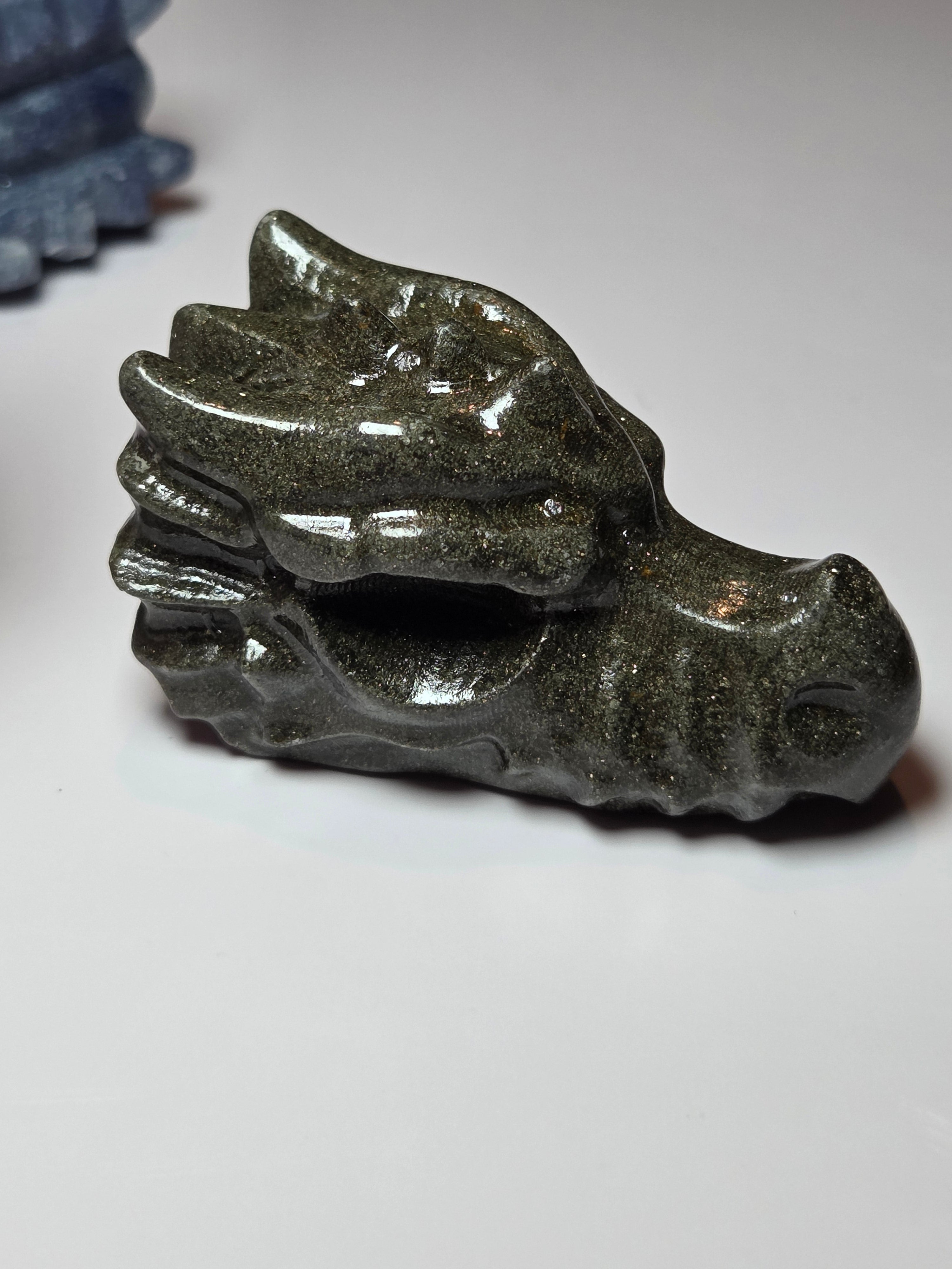 Pyrite crystal dragon head carving