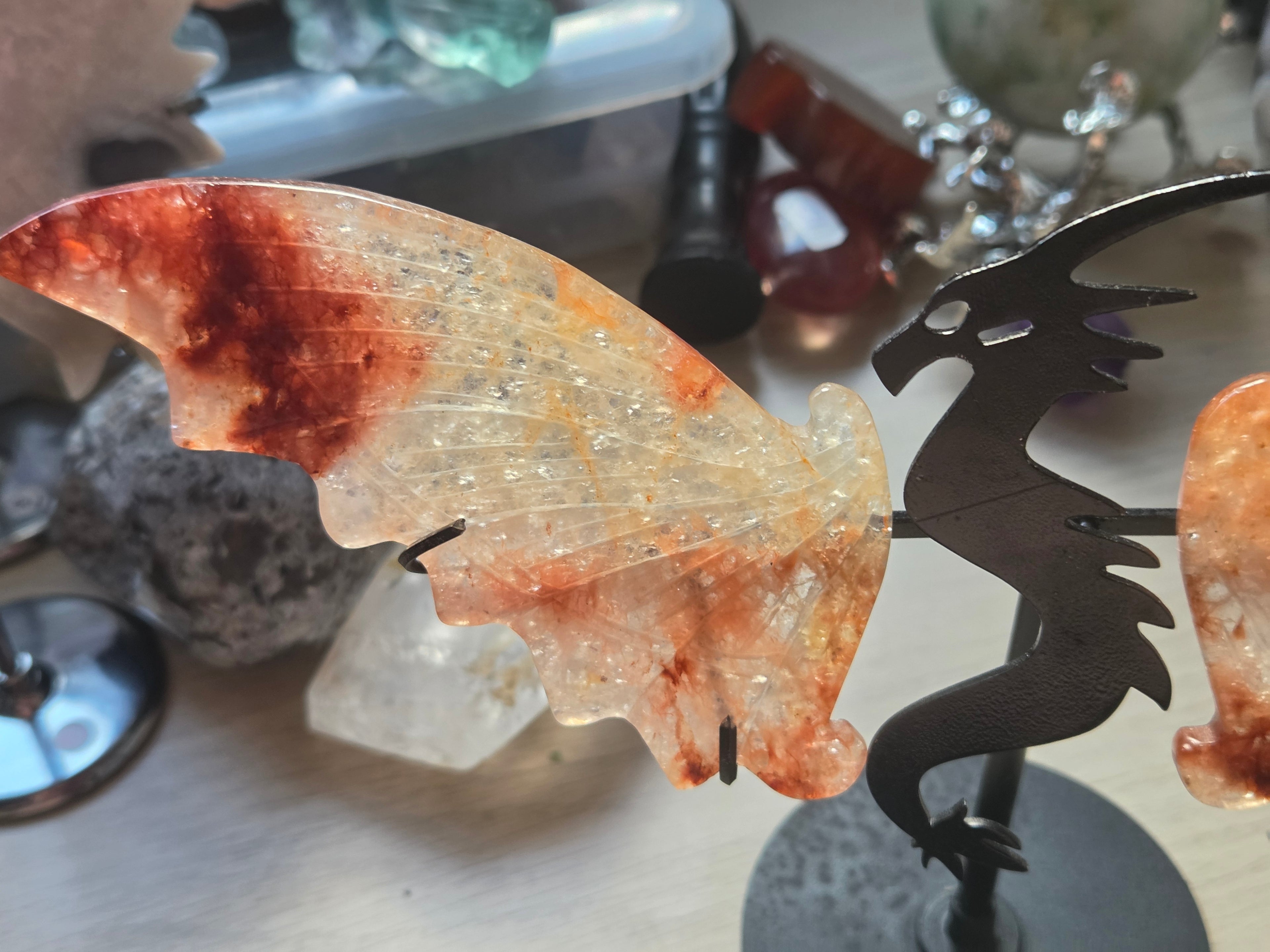 Amazing Fire Quartz crystal dragon wing carving