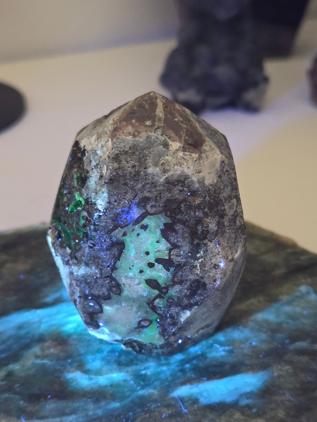 Green UV mexican agate crystal tower geode