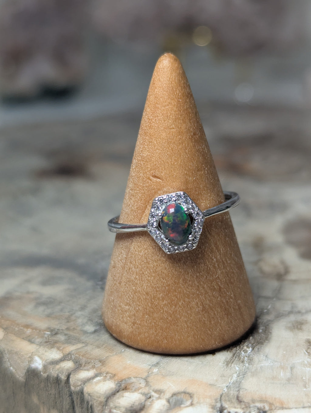 Black opal crystal adjustable ring - Silver