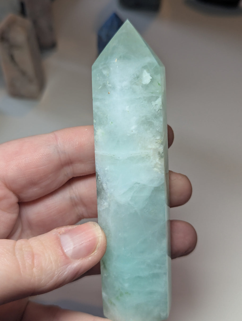 Green Flourite crystal tower carving