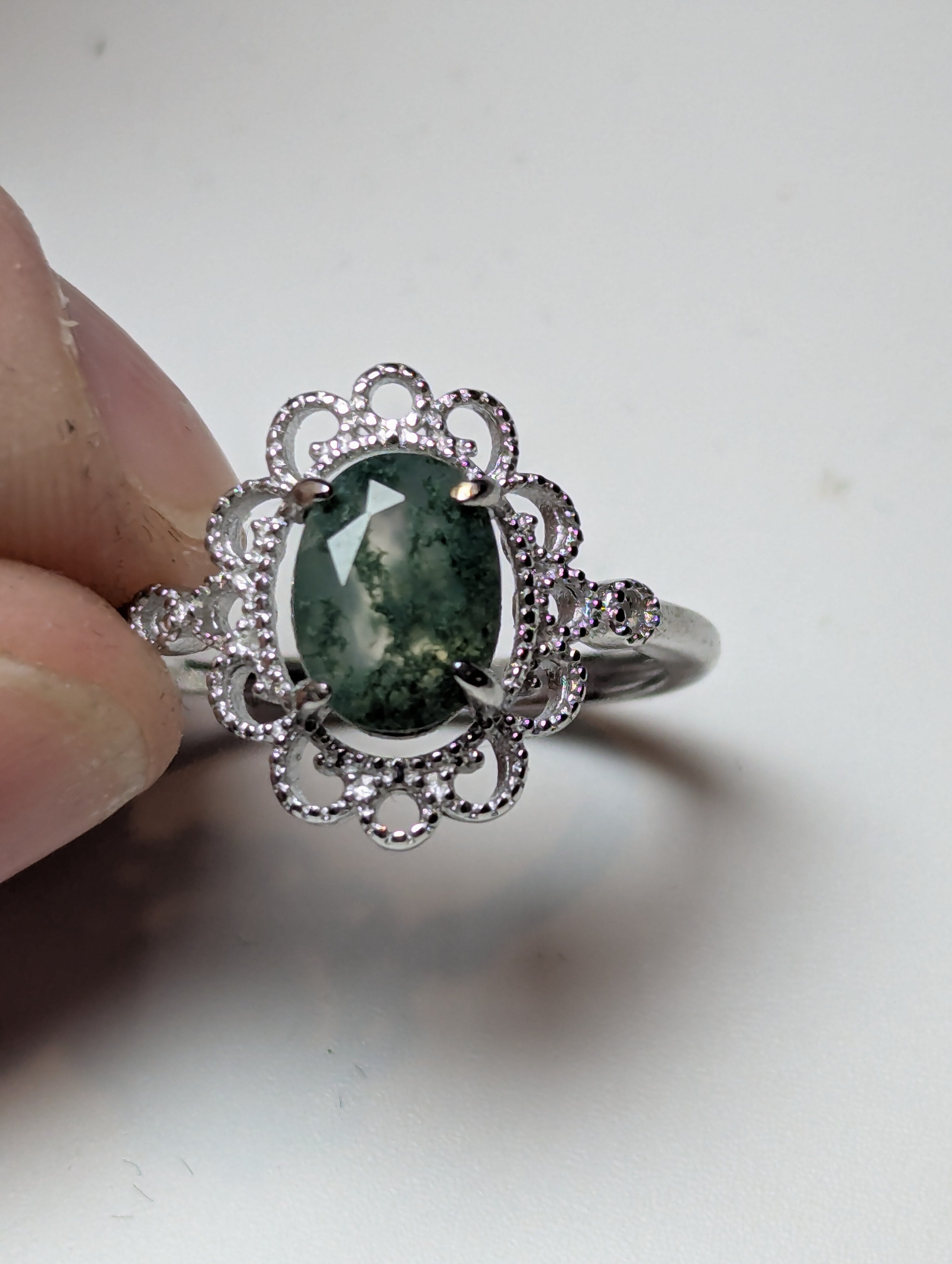 Moss Agate crystal Adjustable ring stainless steel