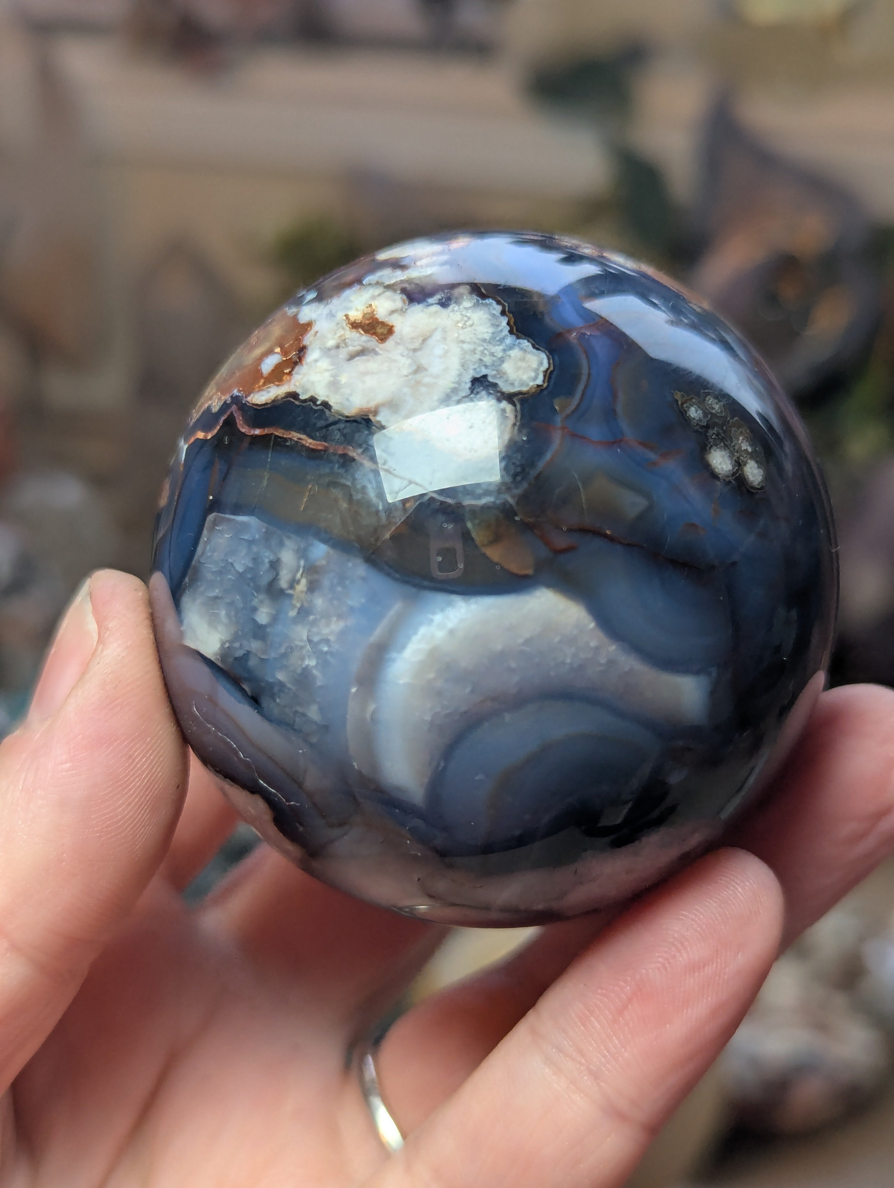 Blue  flower agate crystal sphere with stand