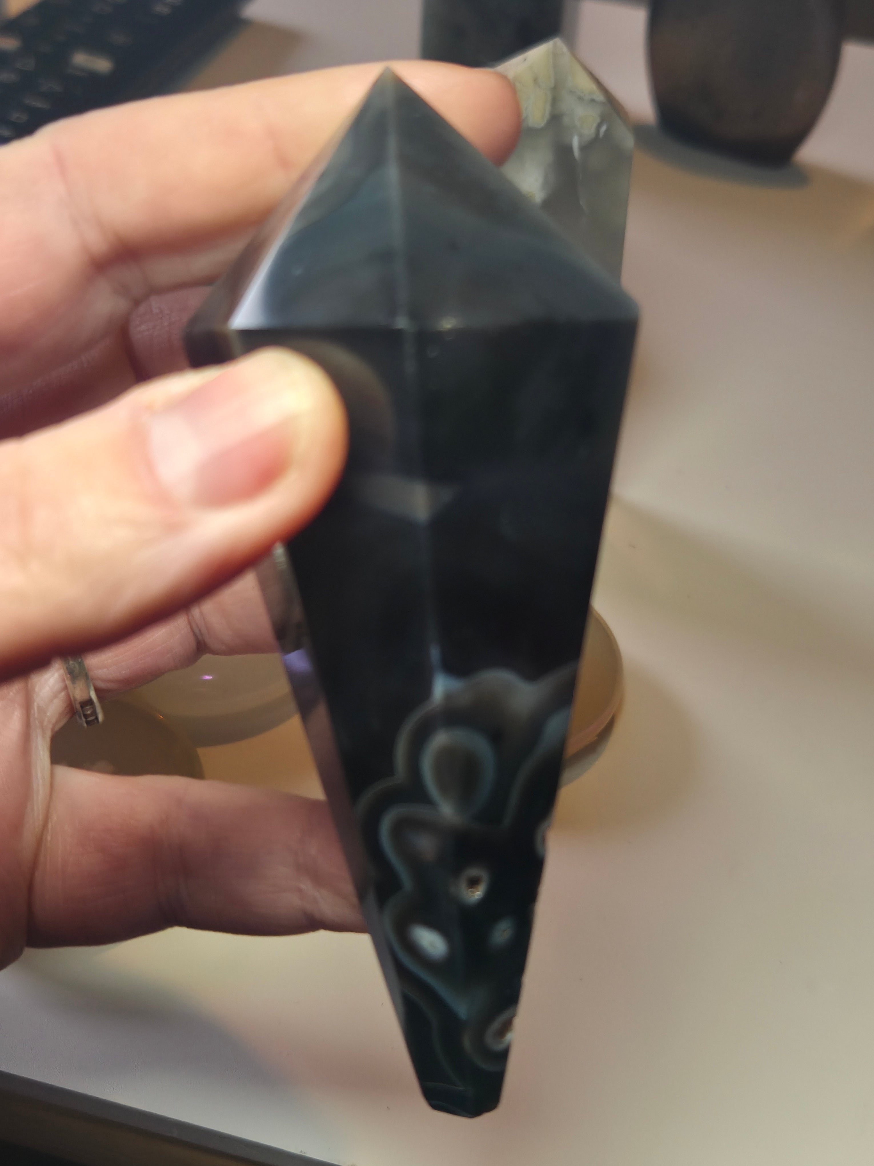 Sardonyx crystal wand with stand may have imperfections