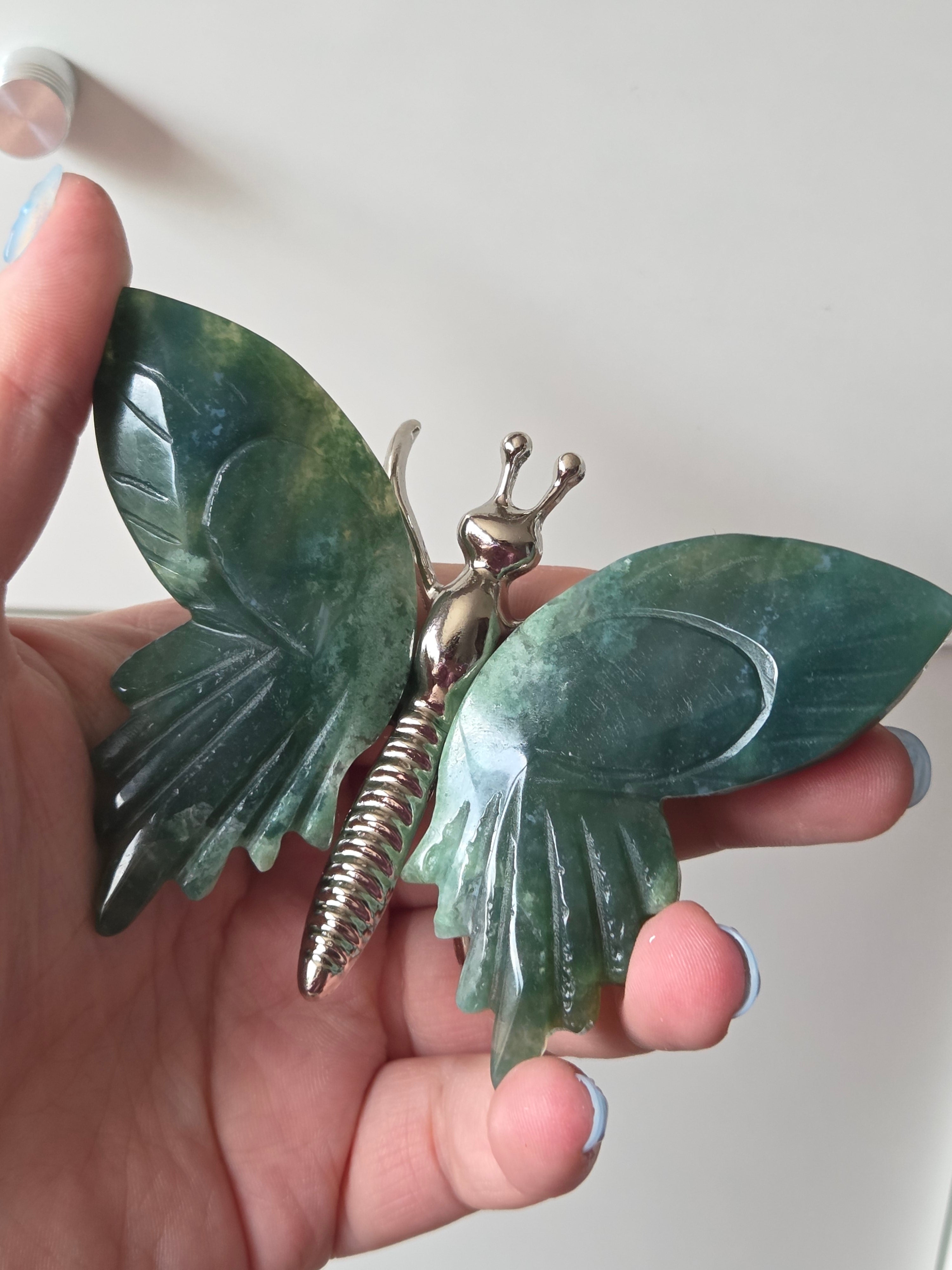 Moss agate crystal butterfly carving