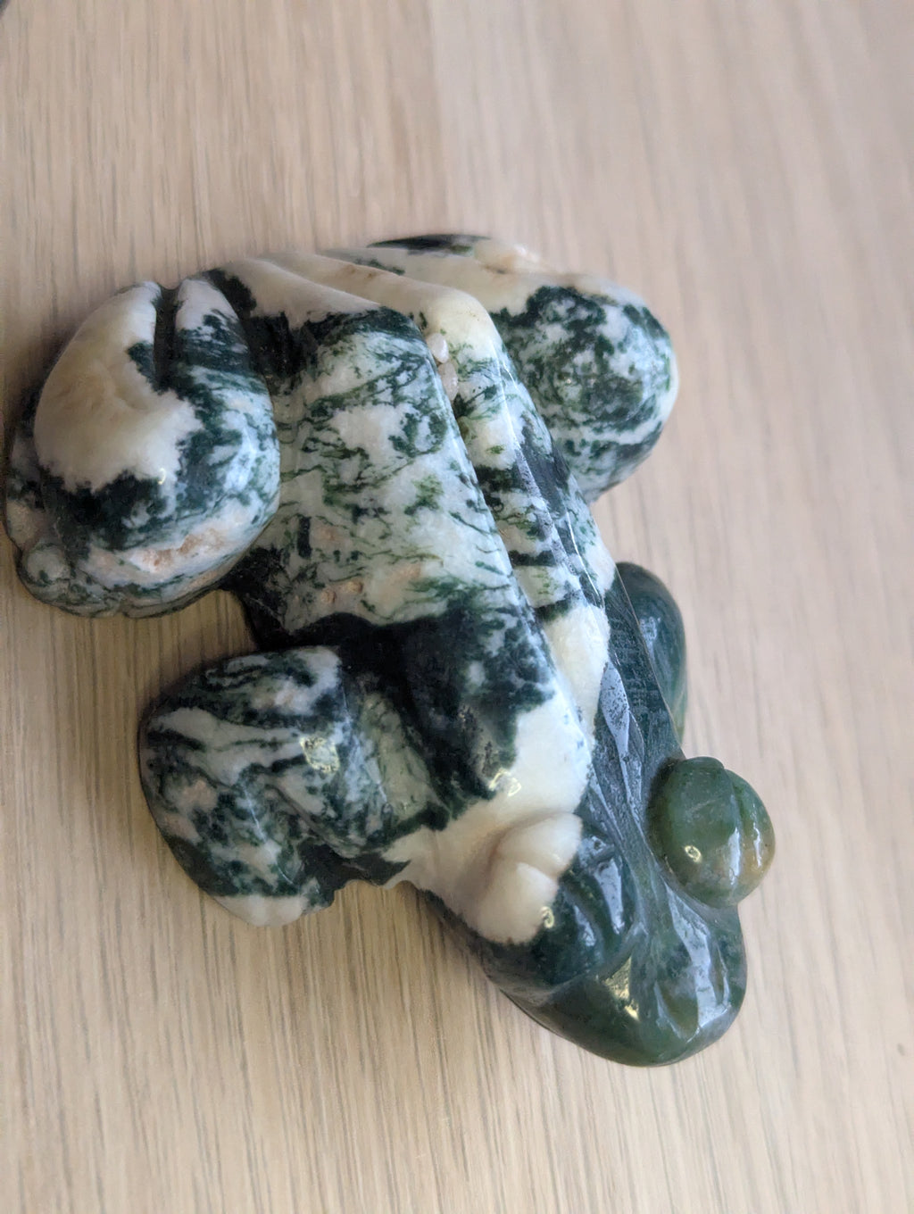 Large Moss Agate crystal frog carving