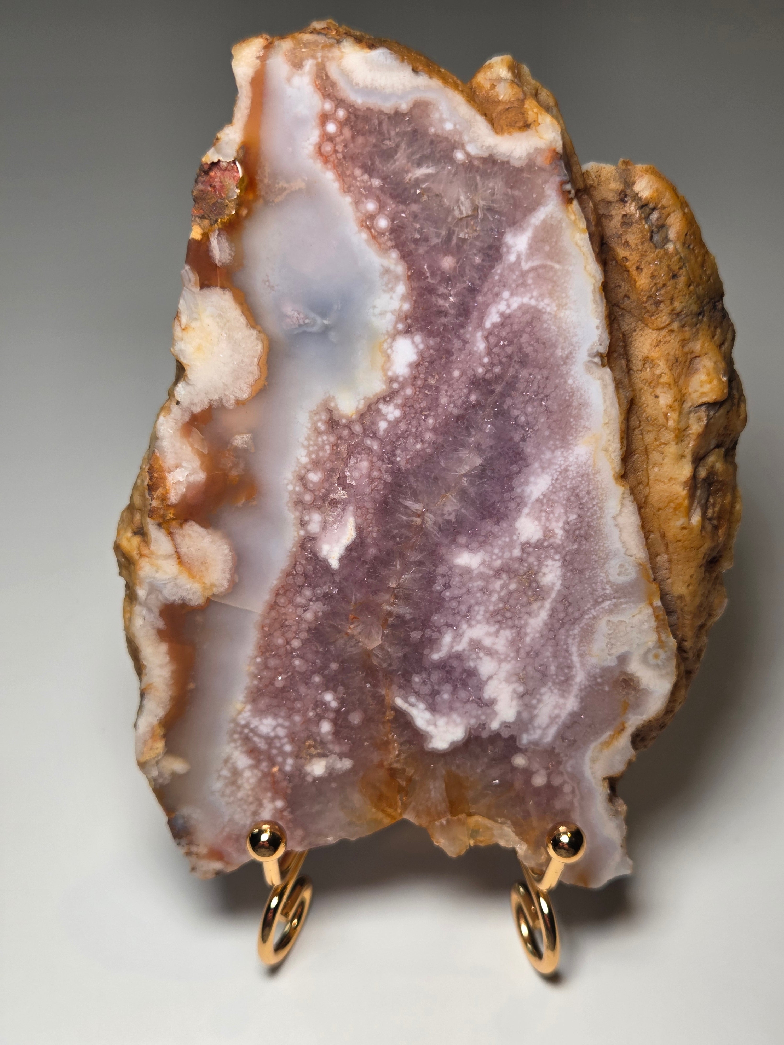 Pink and purple flower Amethyst crystal slice with stand