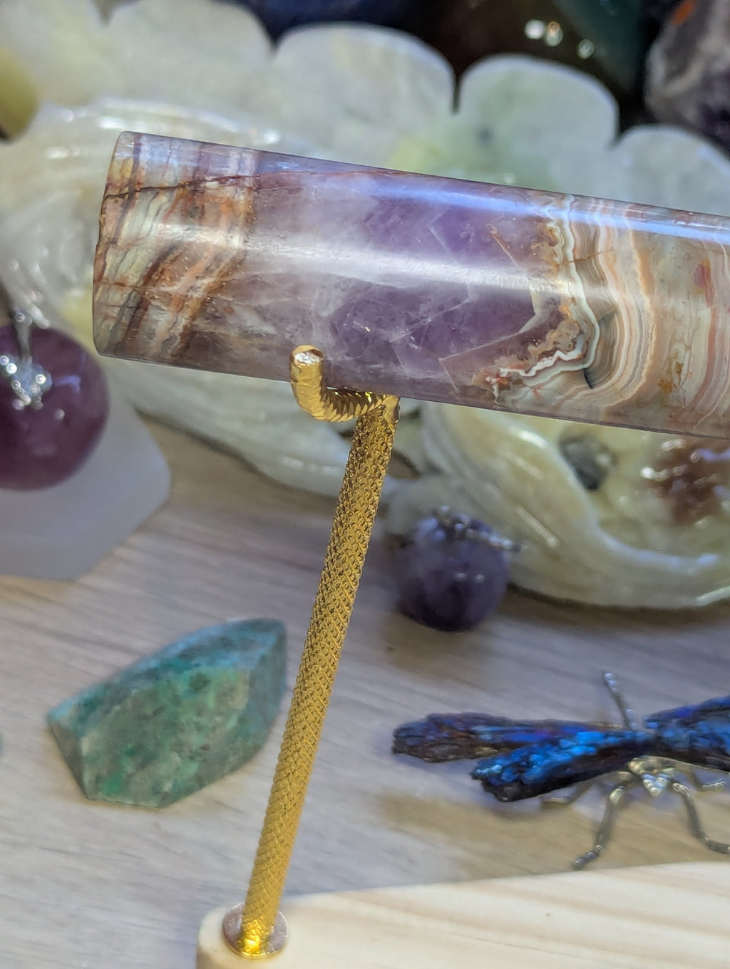 Beautiful amethyst crazy lace agate crystal bracelet stand