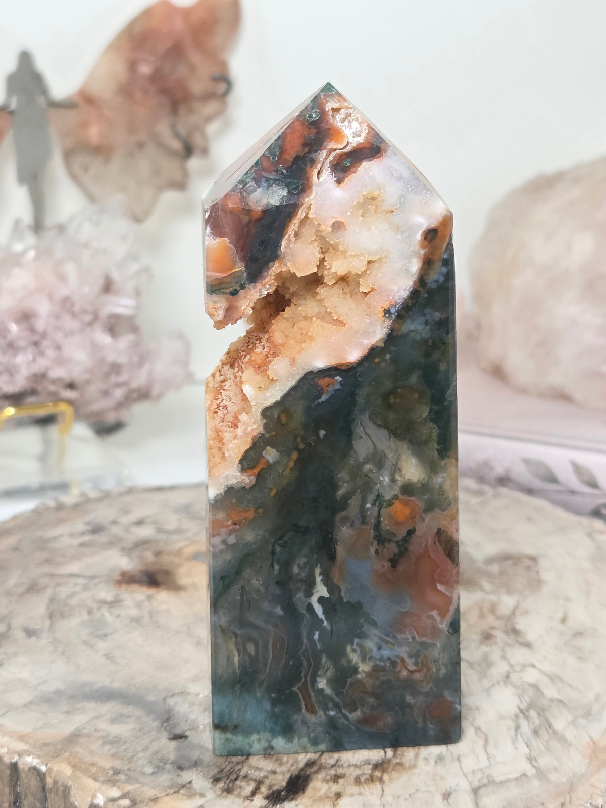 Red moss Agate crystal tower