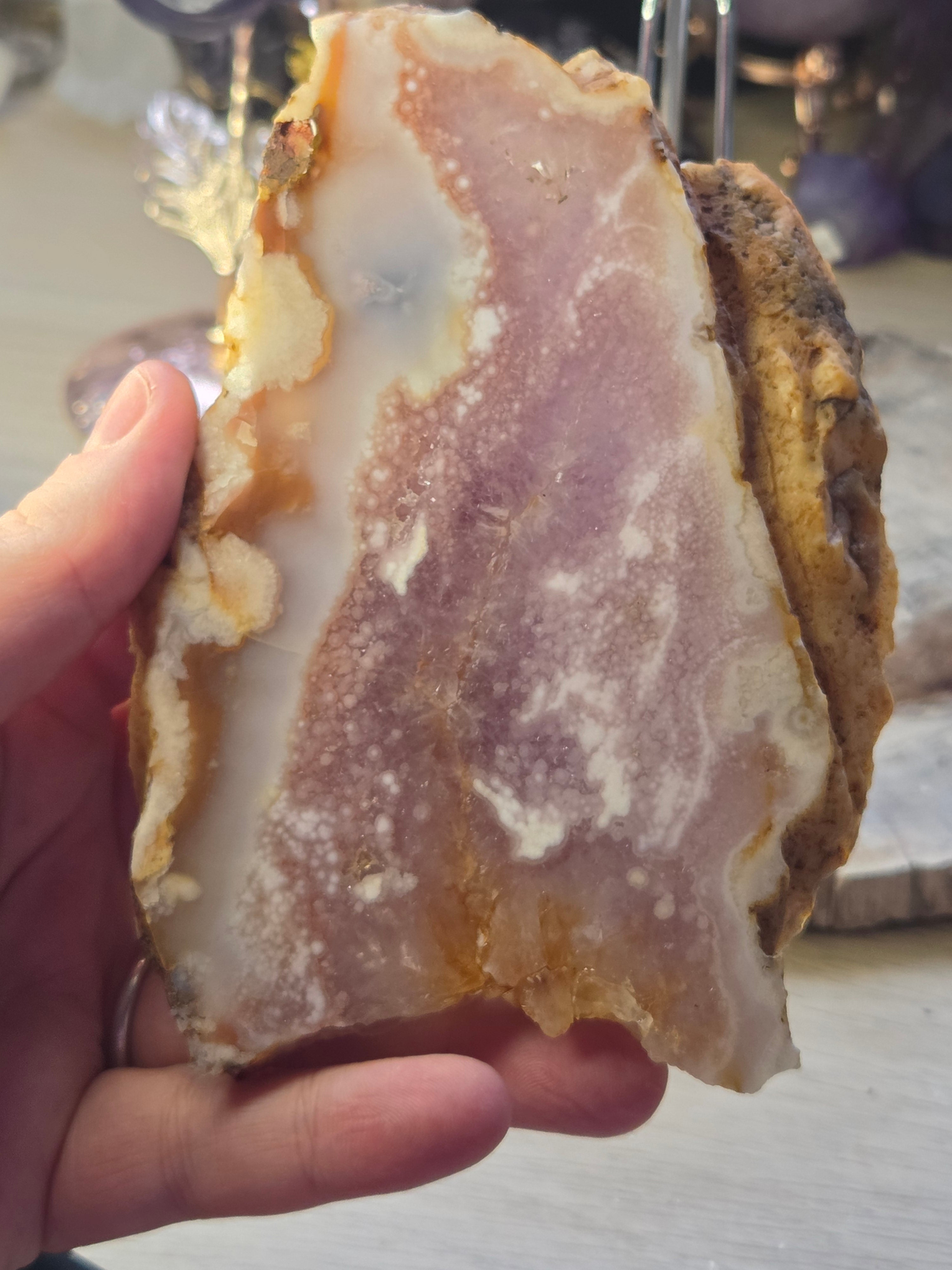 Rare pink flower amethyst crystal slice