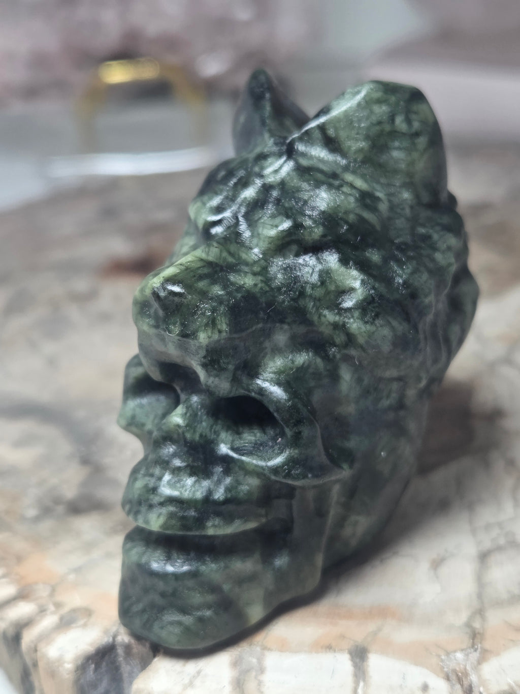 Green jade crystal wolf head skull