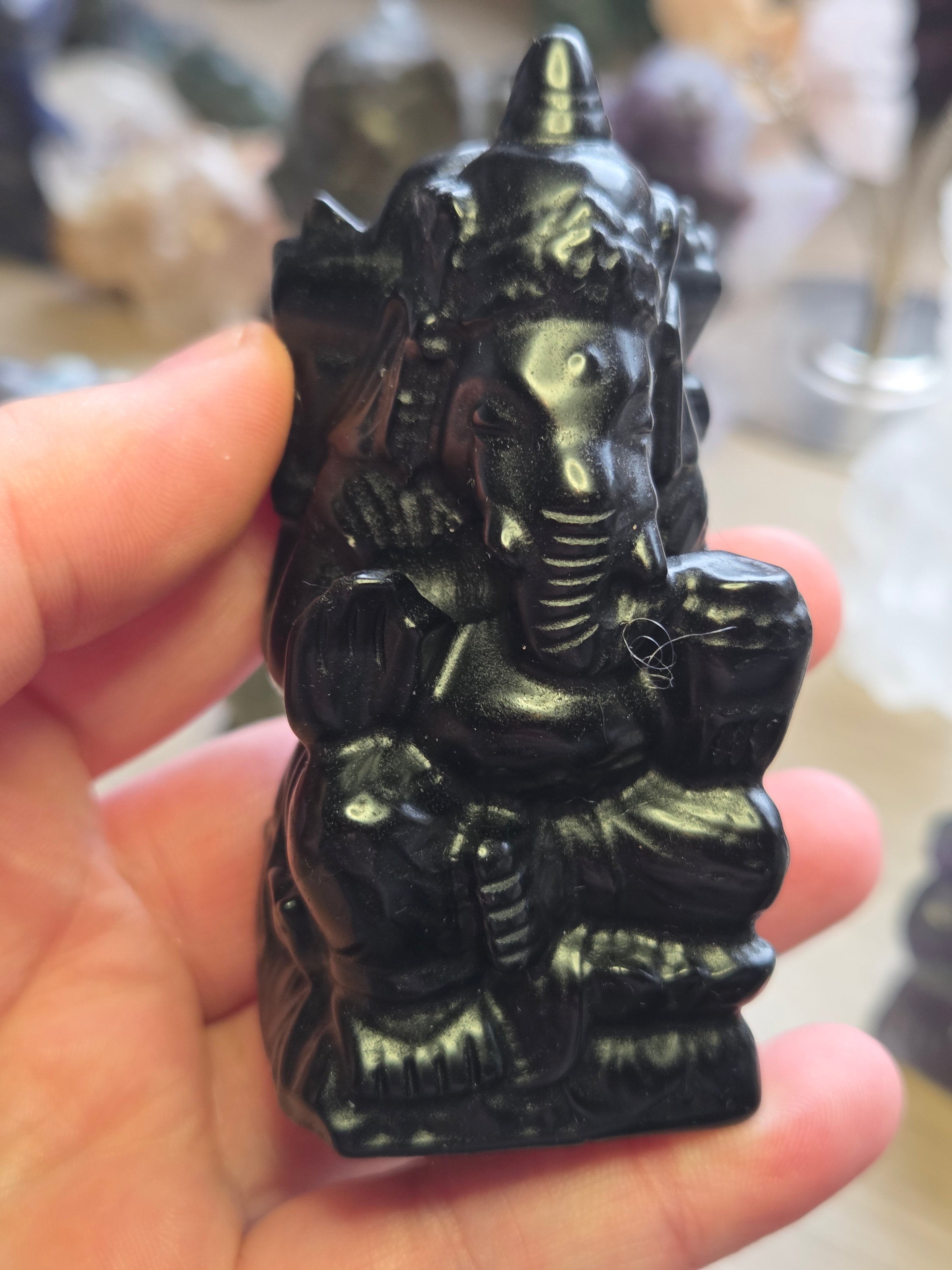 Obsidian crystal Ganesha carving