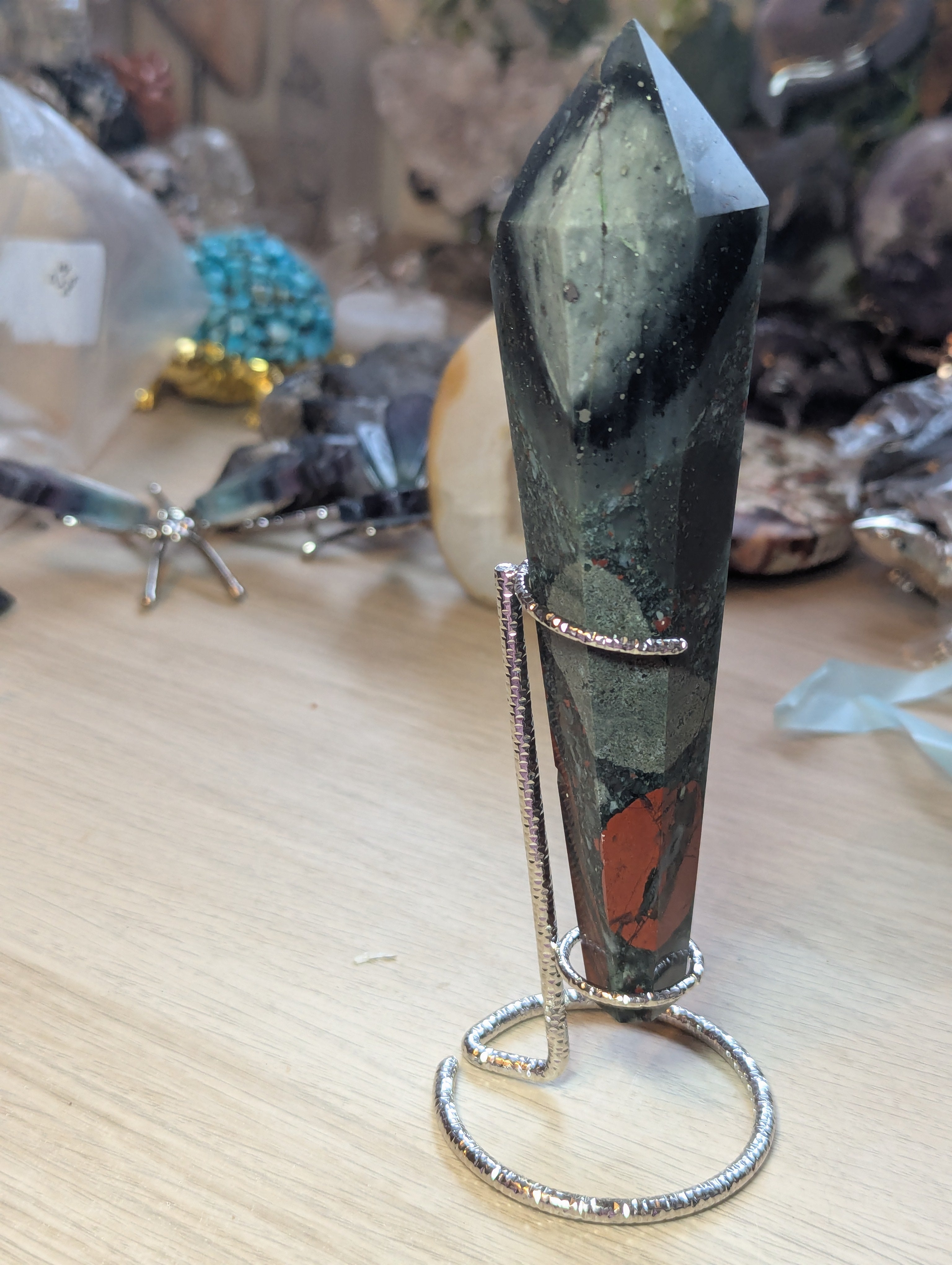 African blood stone crystal wand with stand