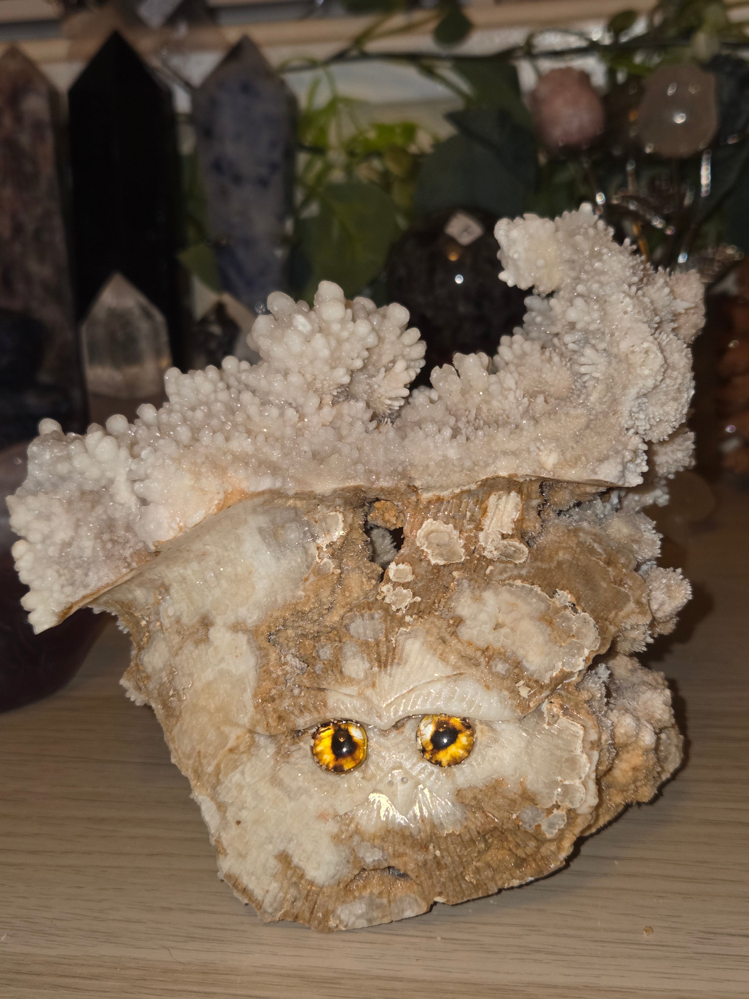 Selestite crystal owl carving