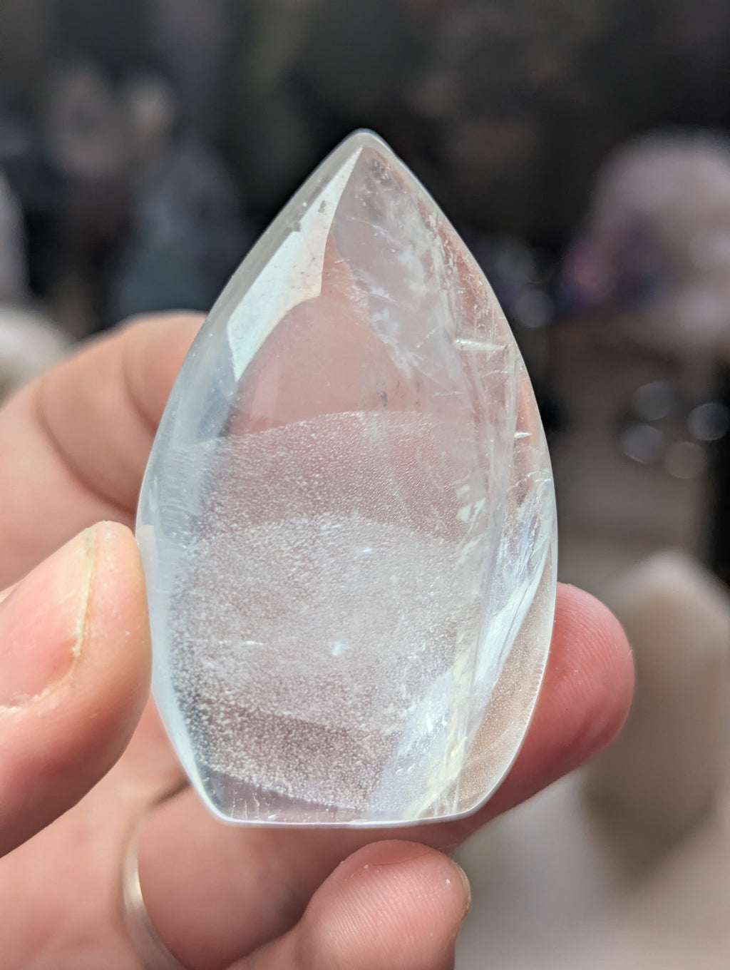 Clear quartz crystal tear drop carving