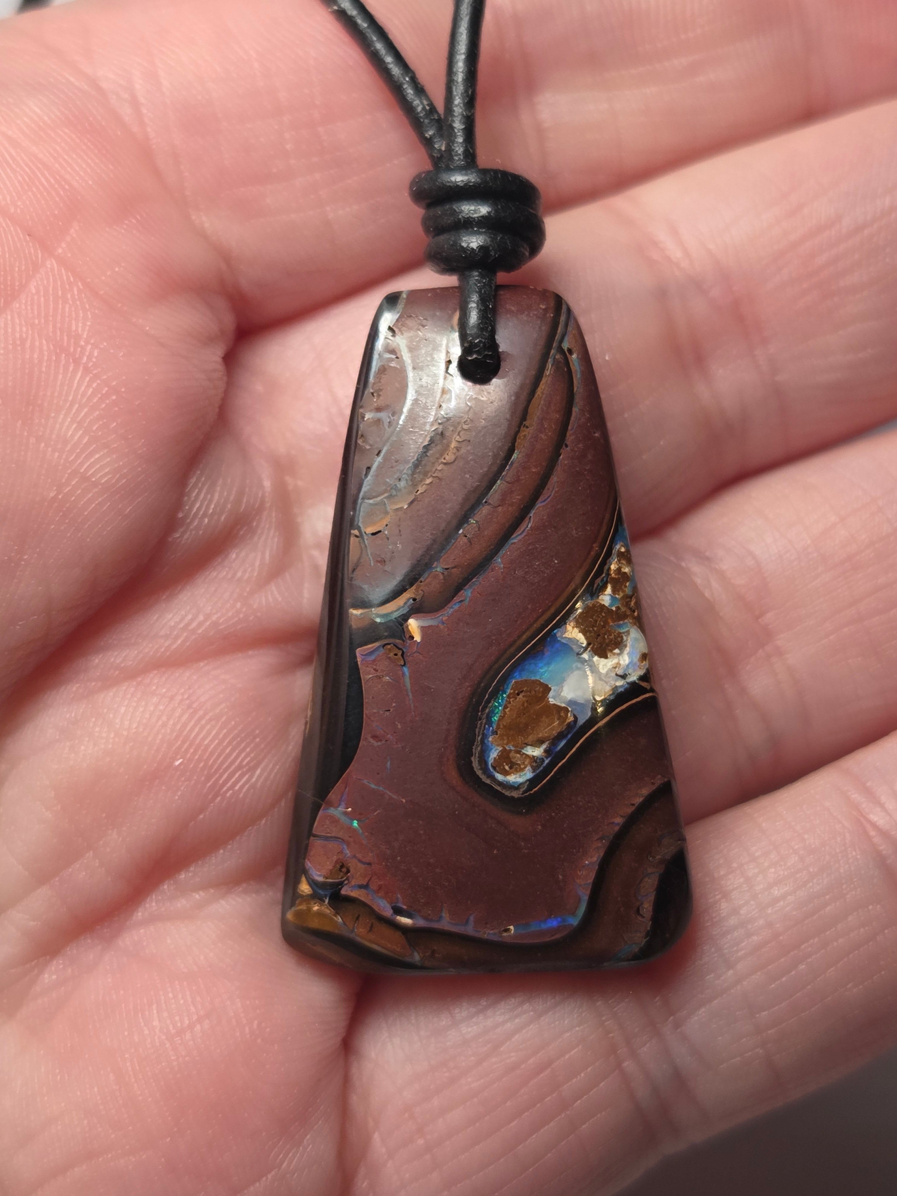 Bolder opal crystal handmade necklace on leather adjustable chain