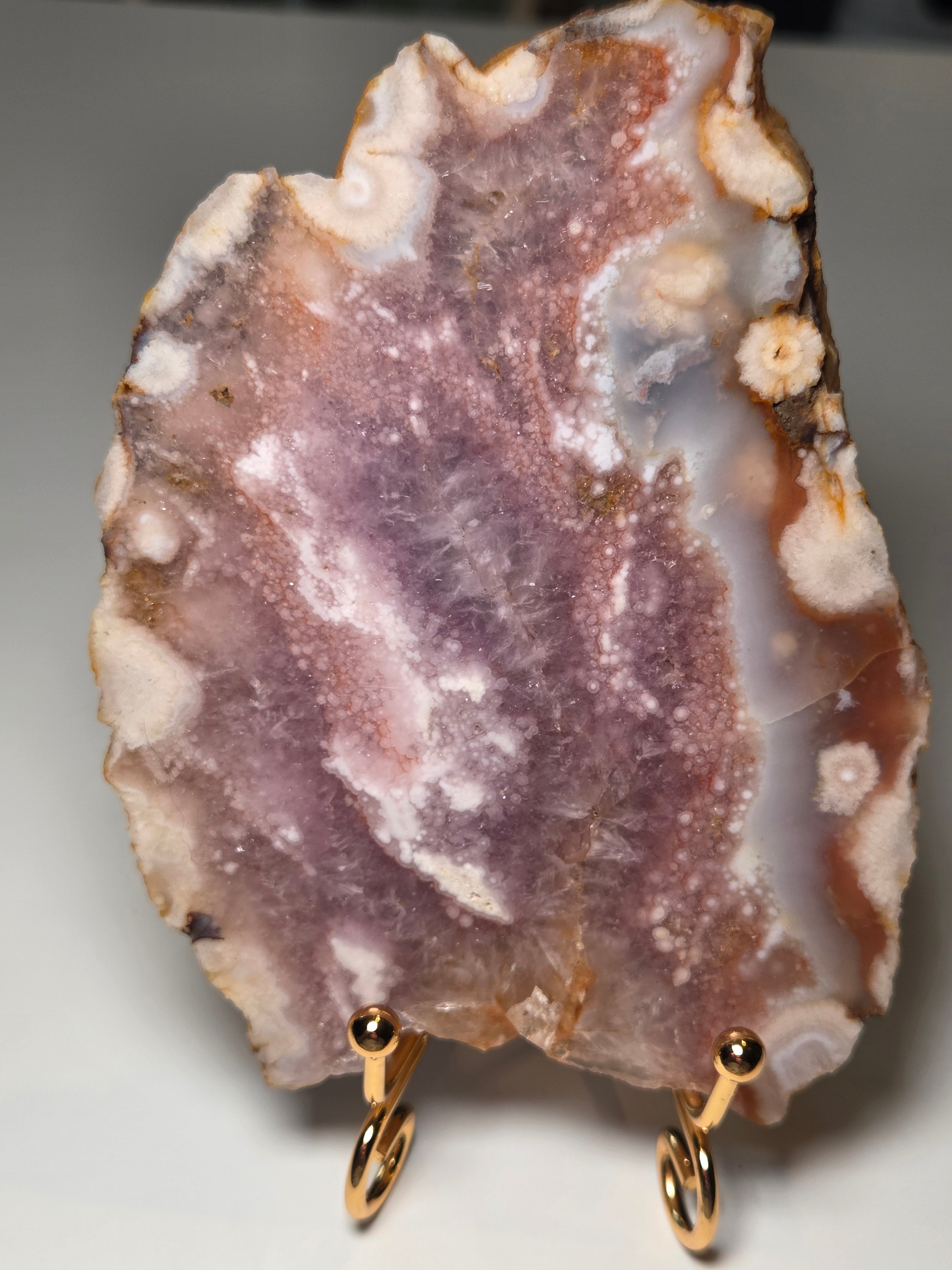 Pink and purple flower Amethyst crystal slice with stand