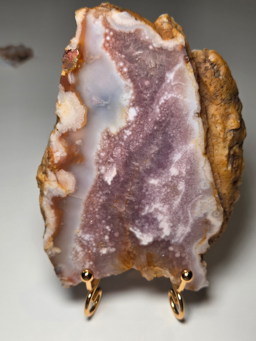 Pink and purple flower Amethyst crystal slice with stand