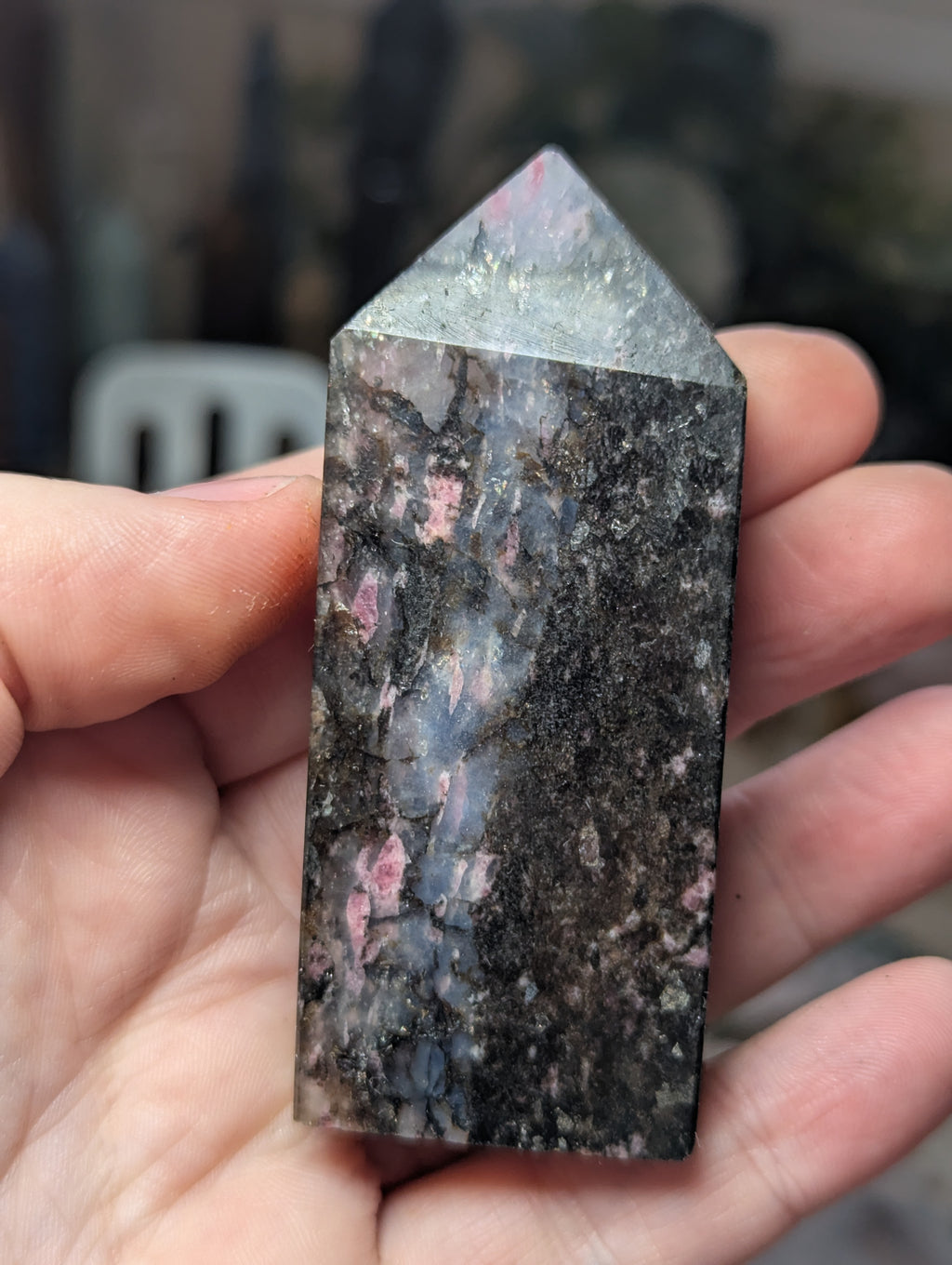 Black Tourmaline  with icey rhodonite tower
