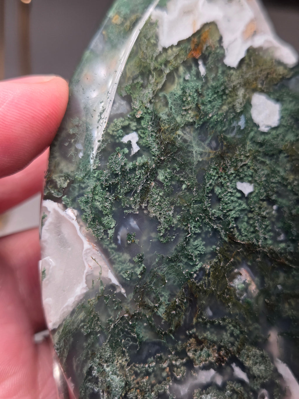 Moss Agate crystal tear drop carving
