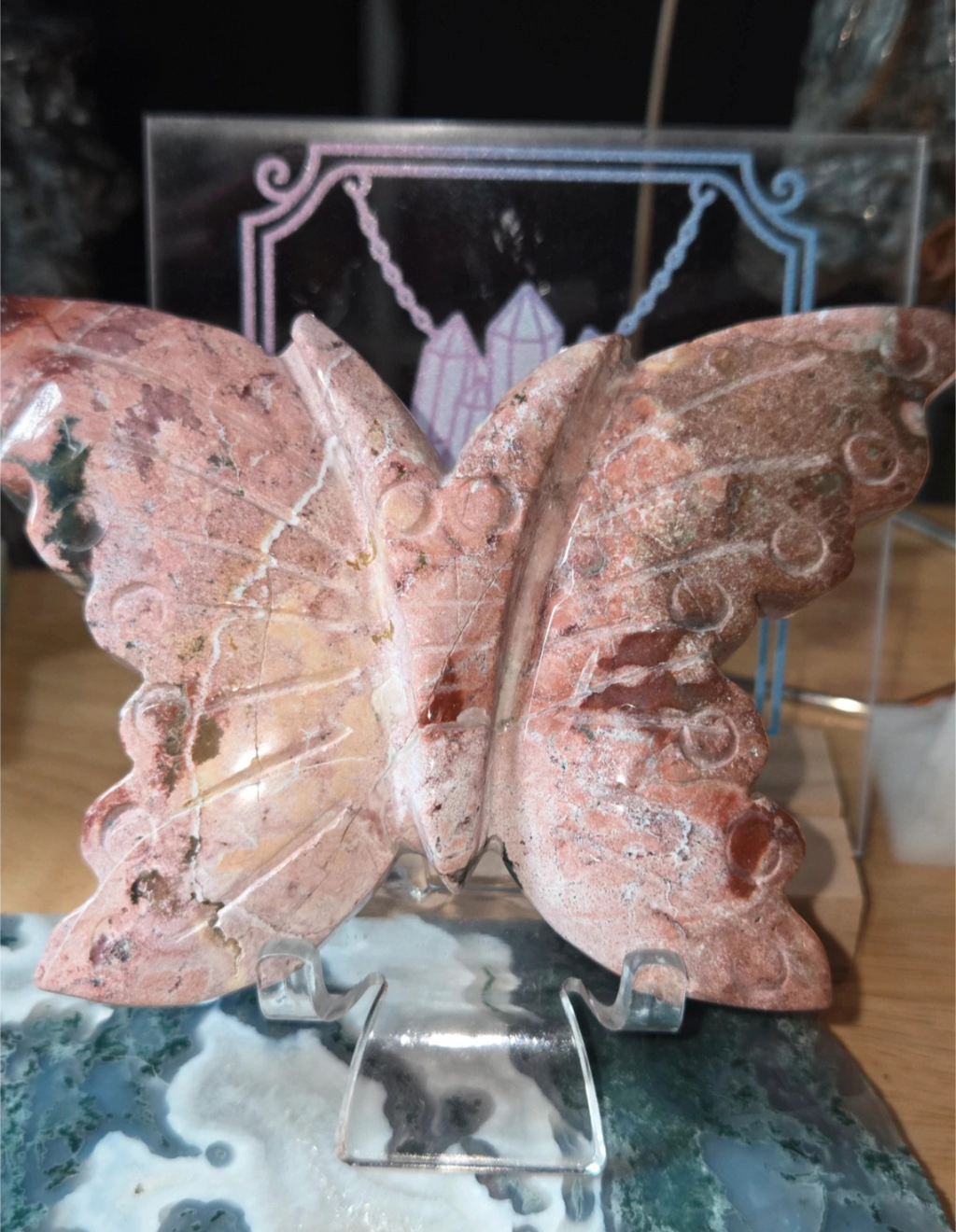 Pink jasper crystal butterfly carving with stand