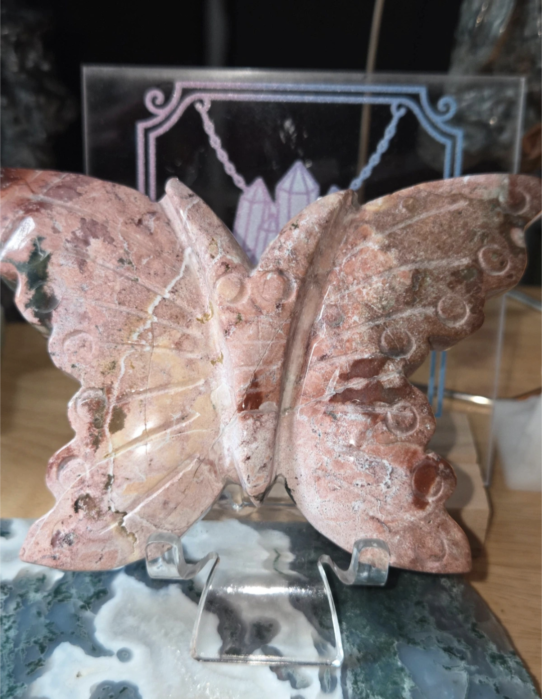 Pink jasper crystal butterfly carving with stand
