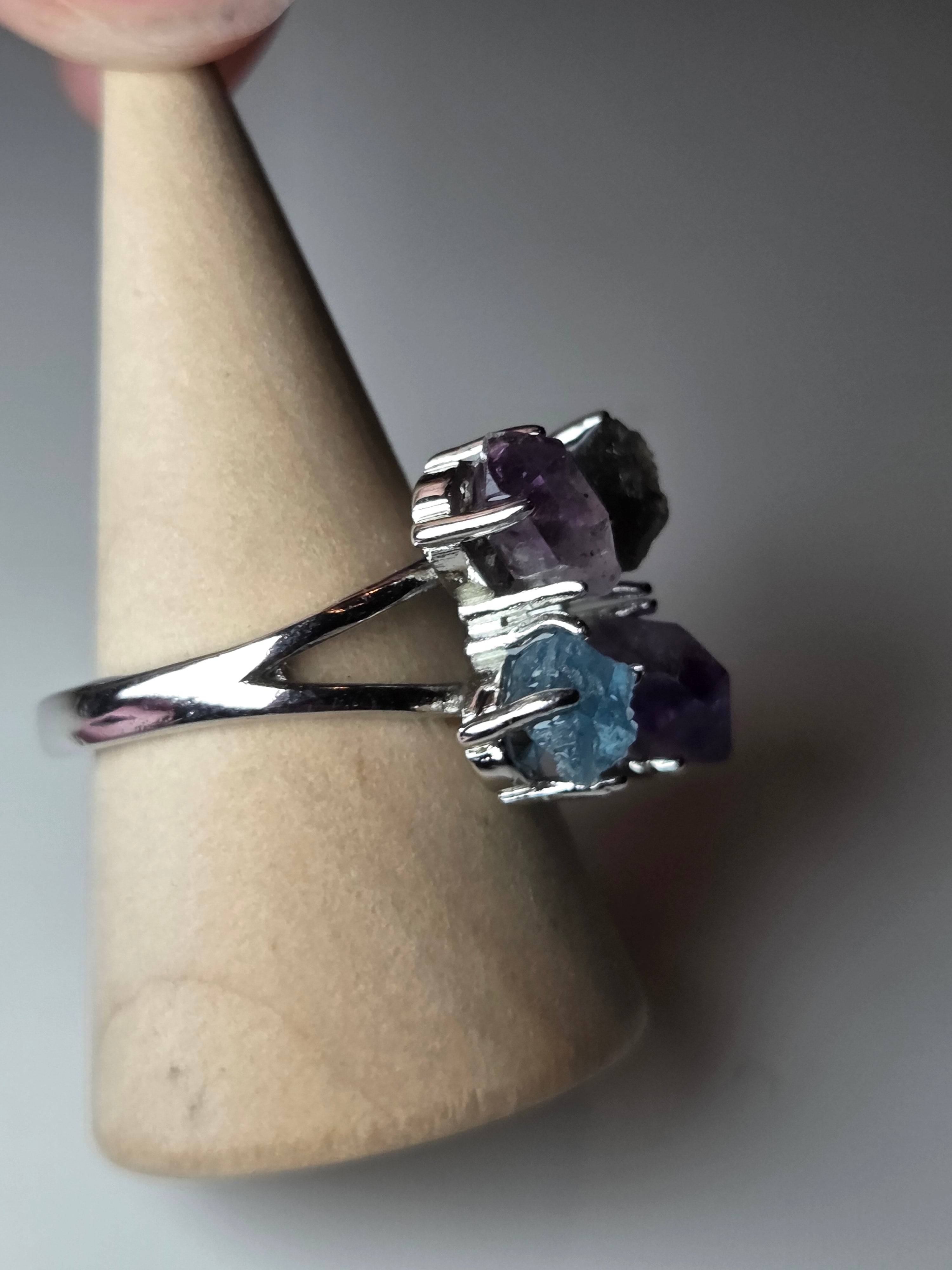 Aquamarine super 7 and heckimeer Diamond crystal adjustable ring