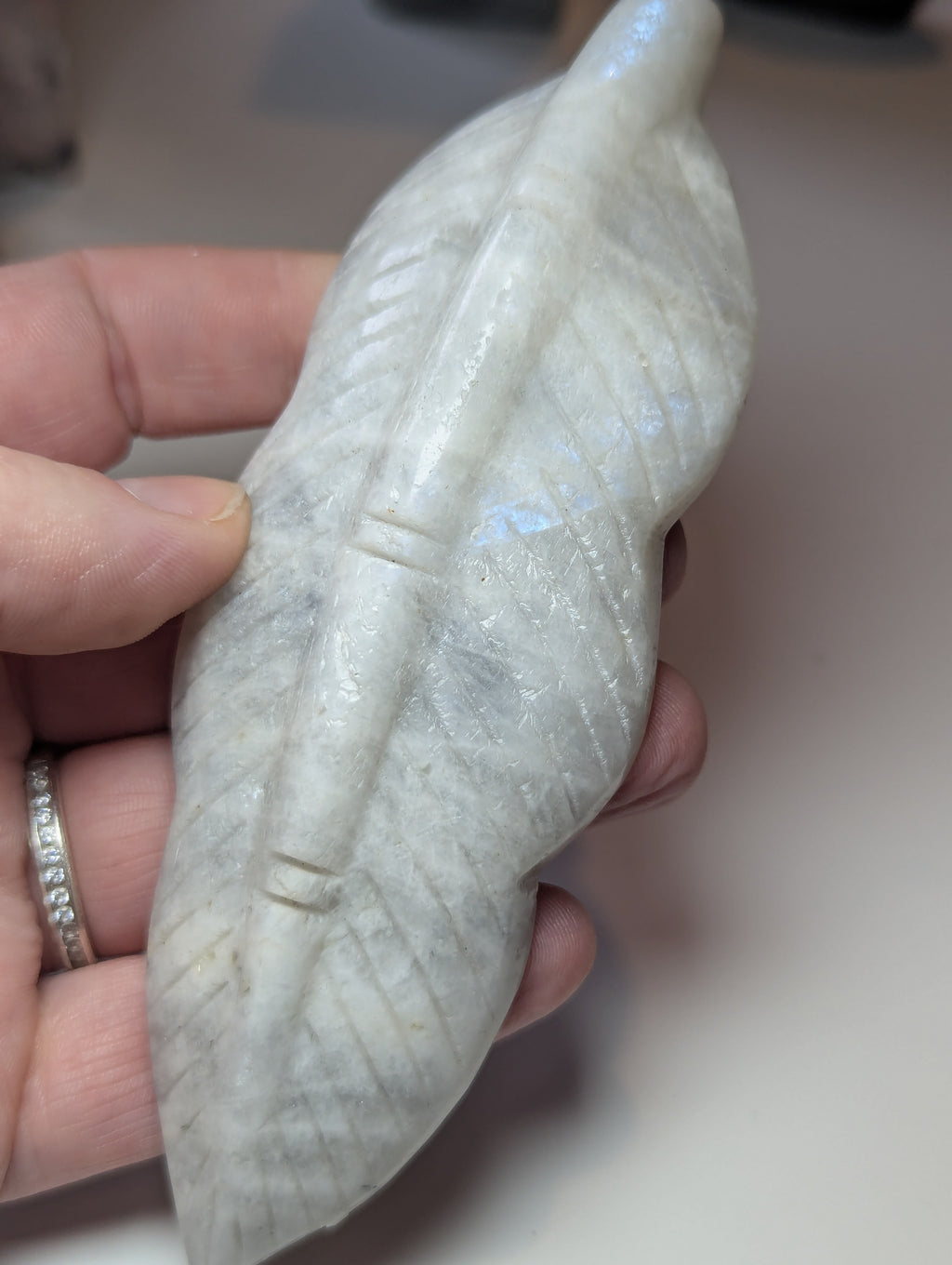 Rainbow moonstone crystal feather carving