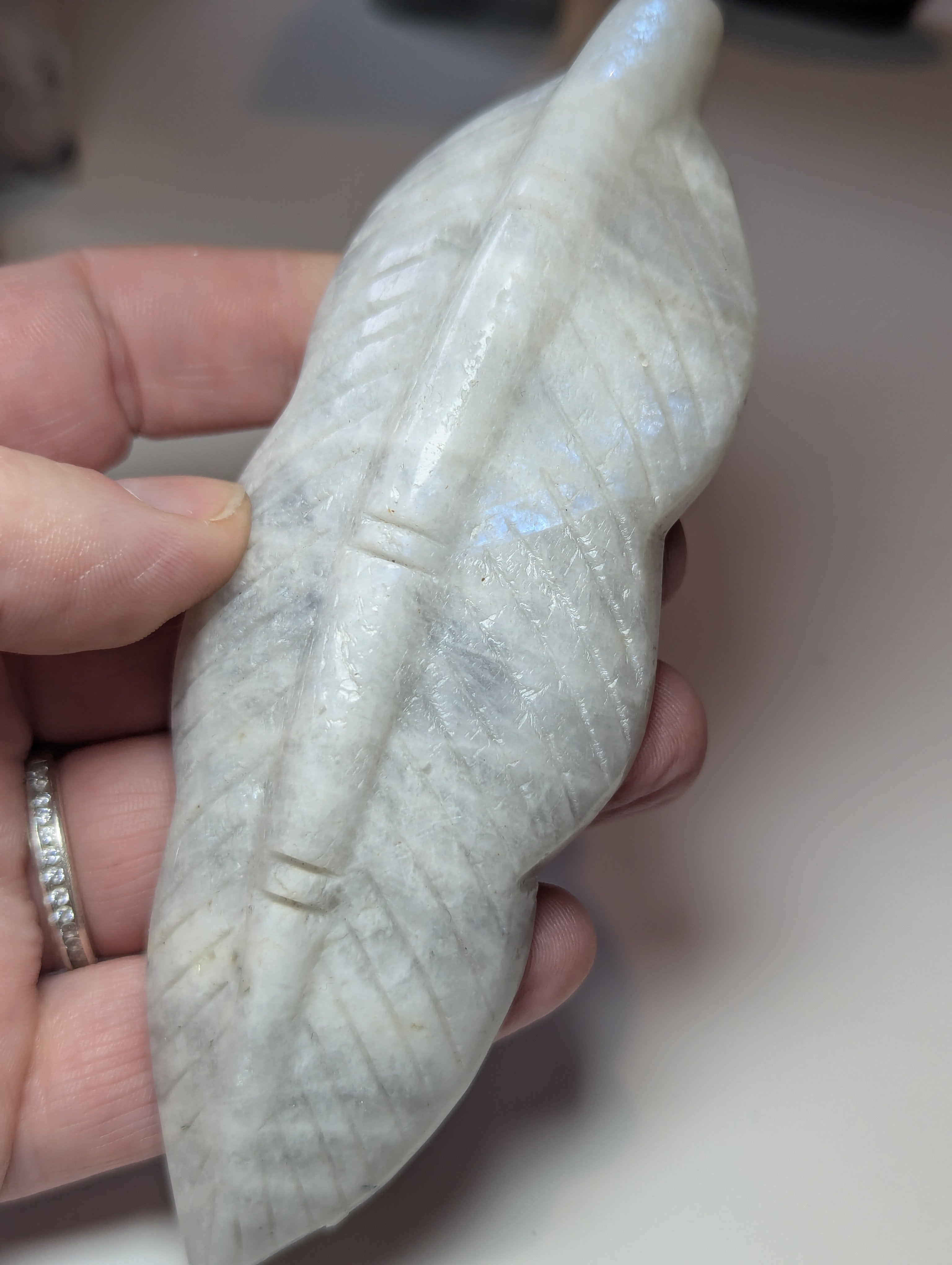 Rainbow moonstone crystal feather carving
