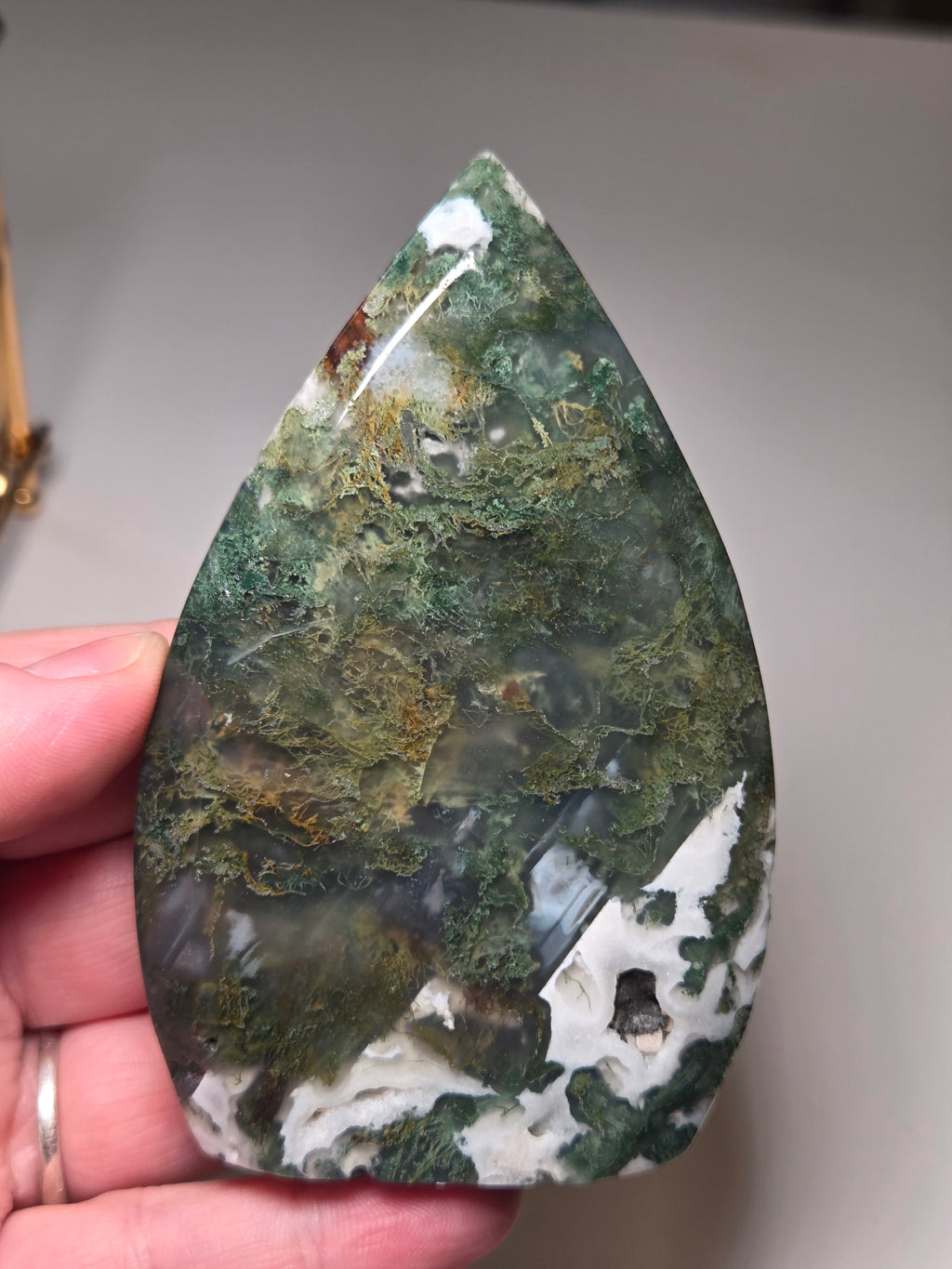 Moss Agate crystal tear drop carving