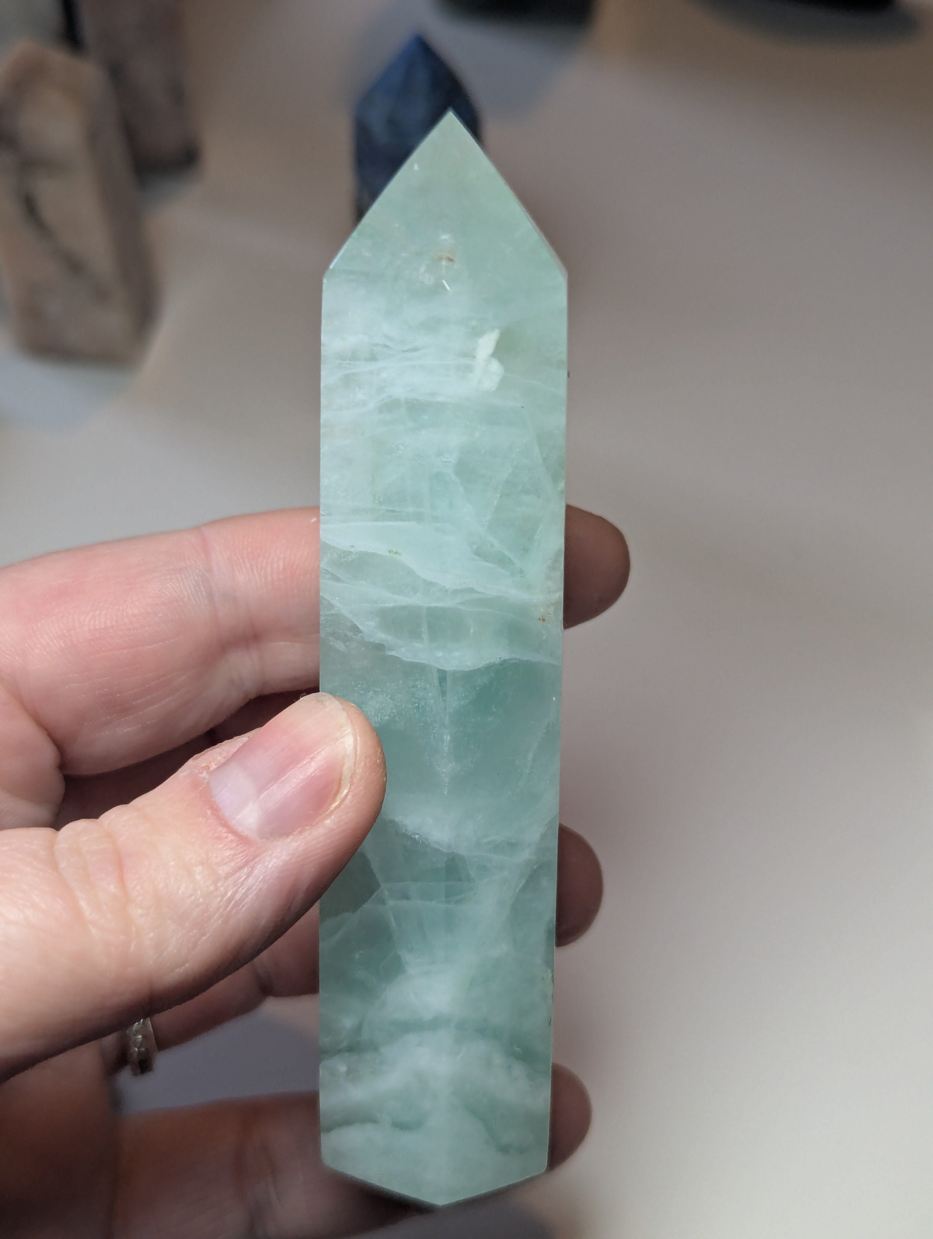 Green Flourite crystal tower carving