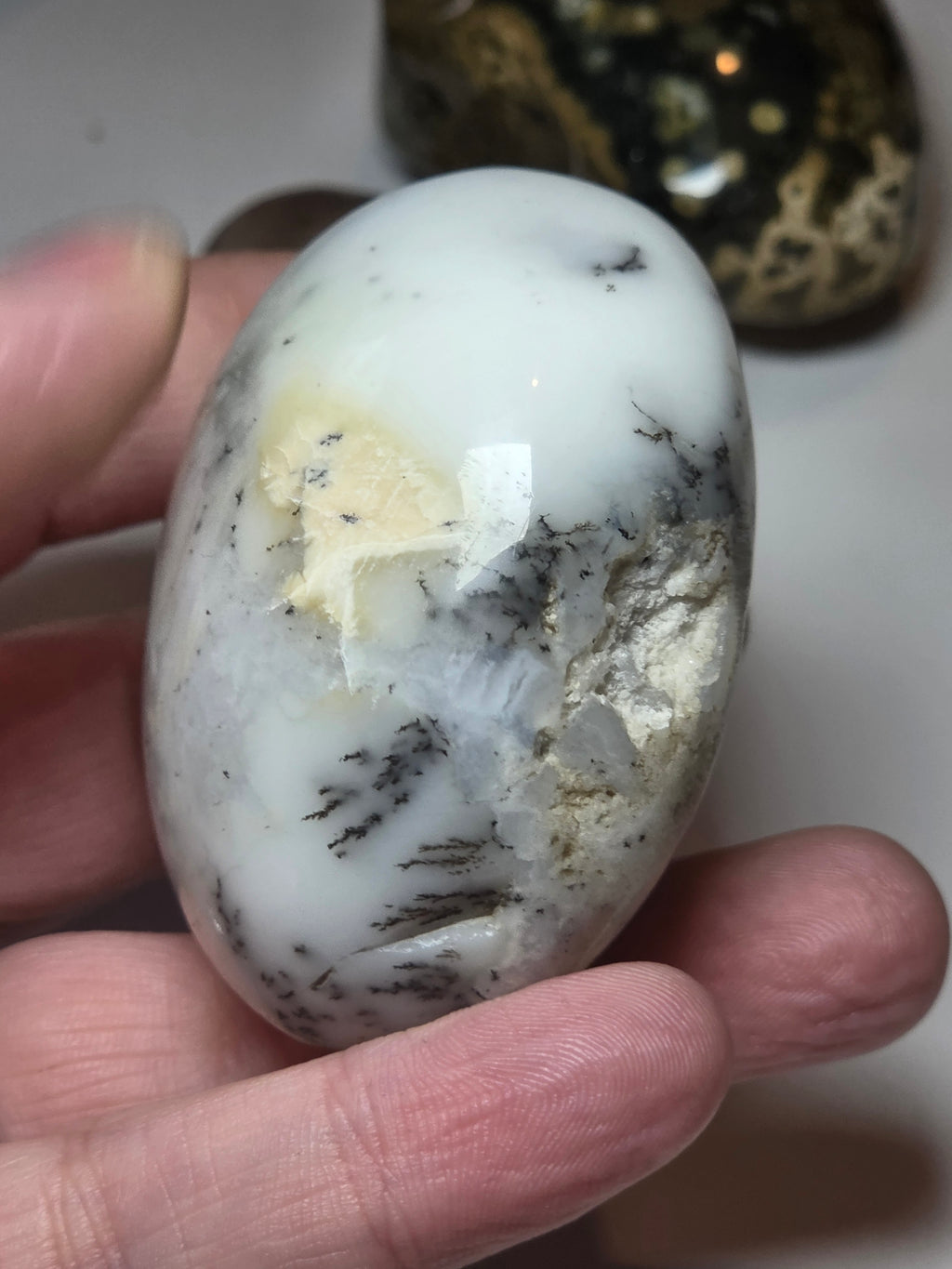 Dendritic opal crystal palm with imperfections