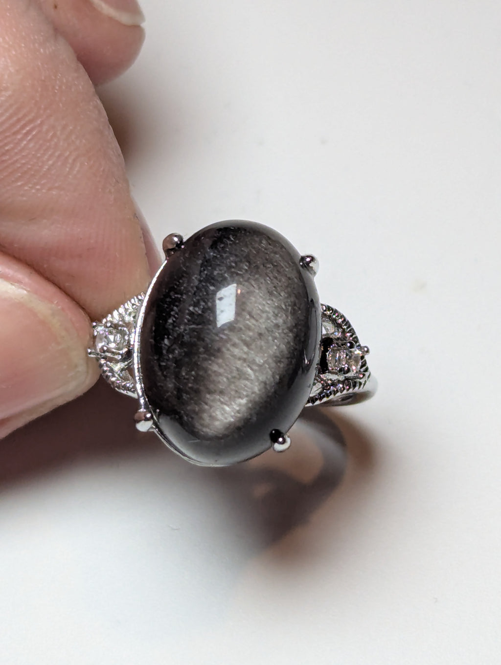 Silver sheen obsidian crystal ring