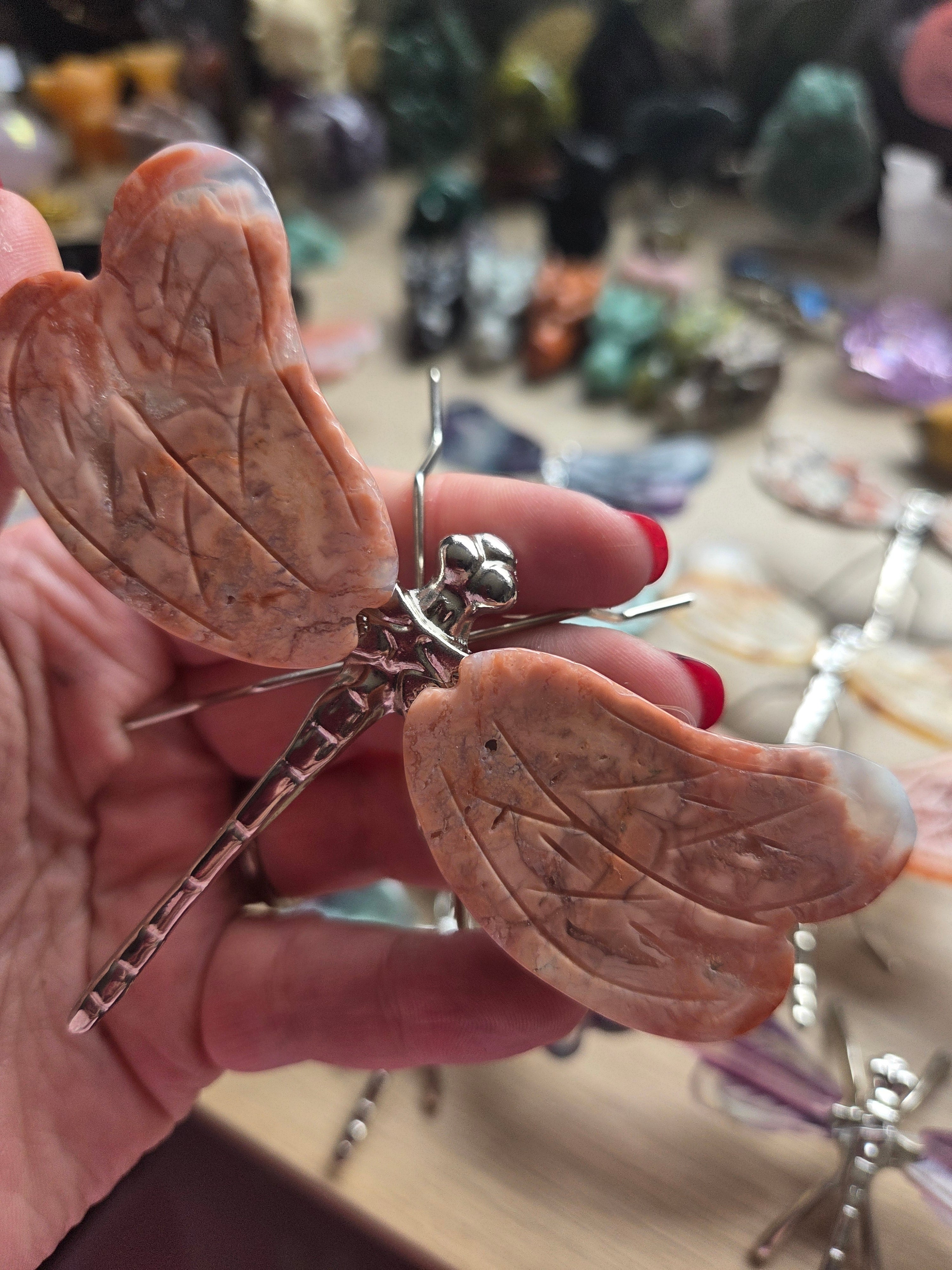 Cotton candy pink agate crystal dragonfly