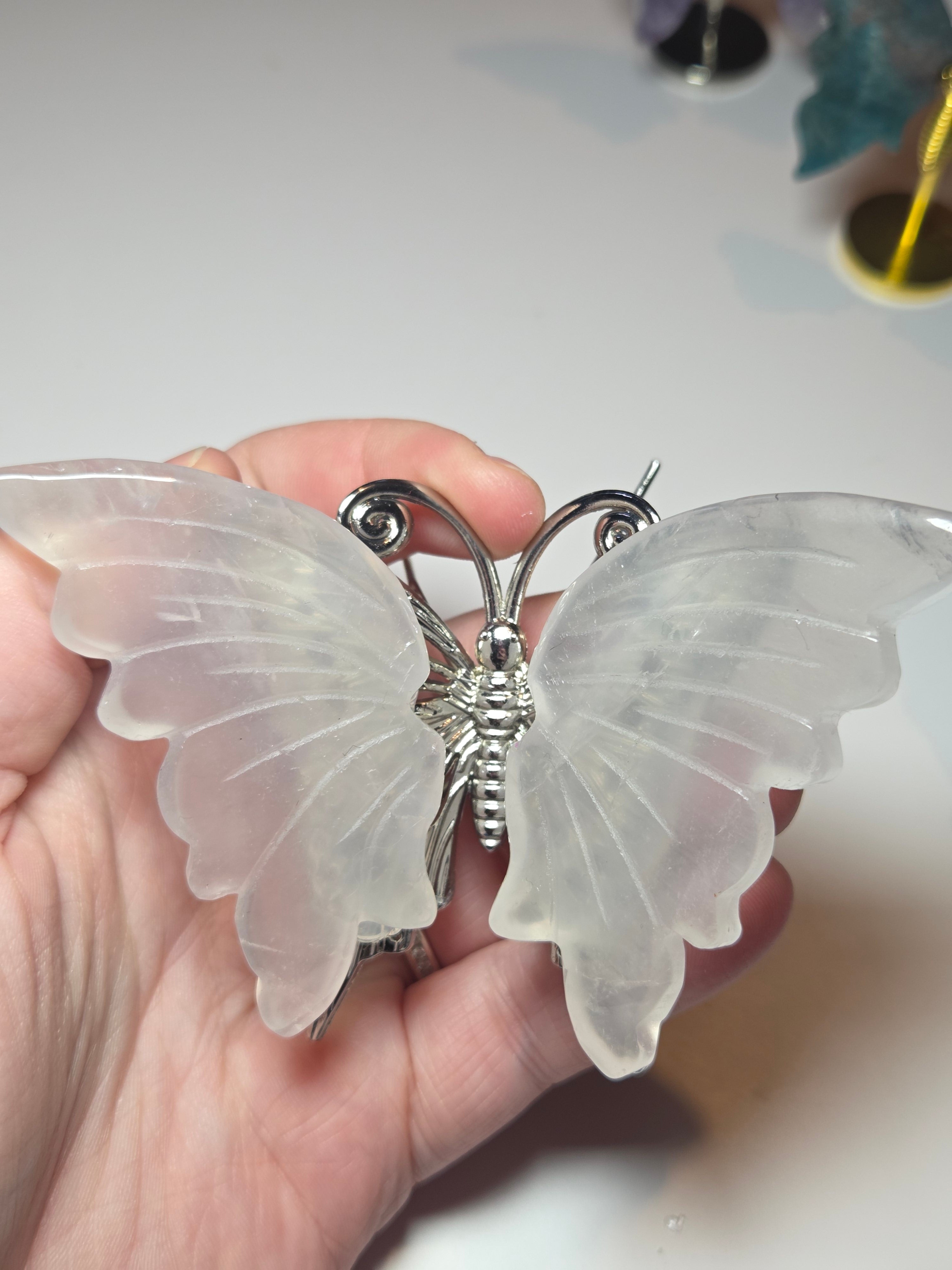 Clear quartz crystal butterfly carving