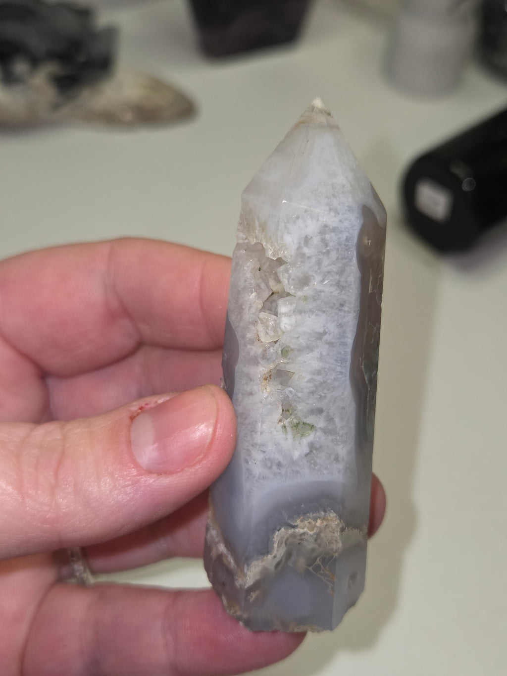 Moss agate crystal tower carving