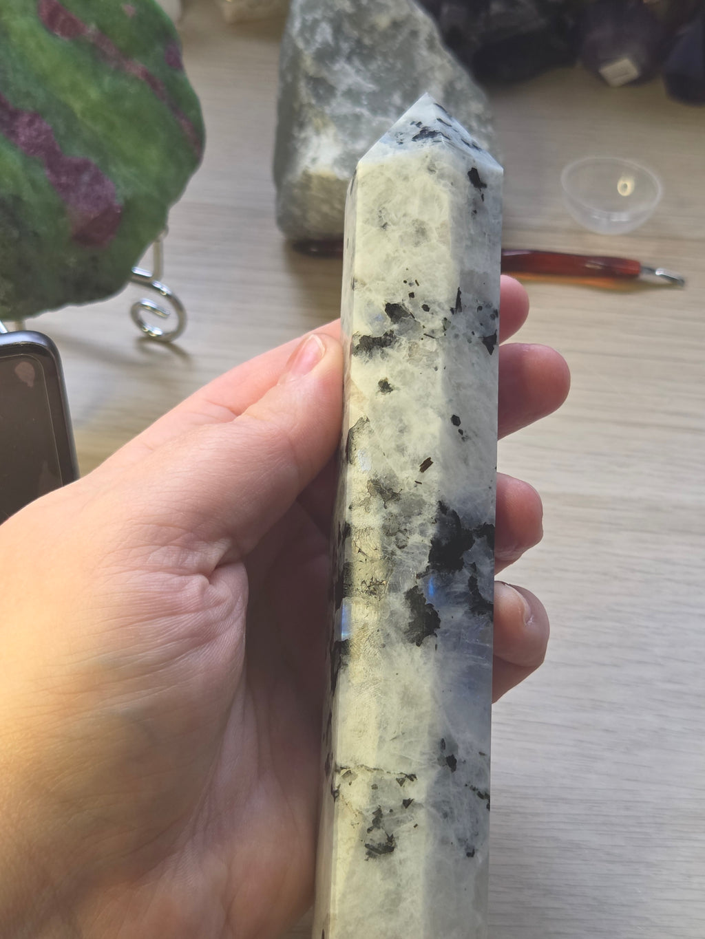 Rainbow moonstone crystal tower carving