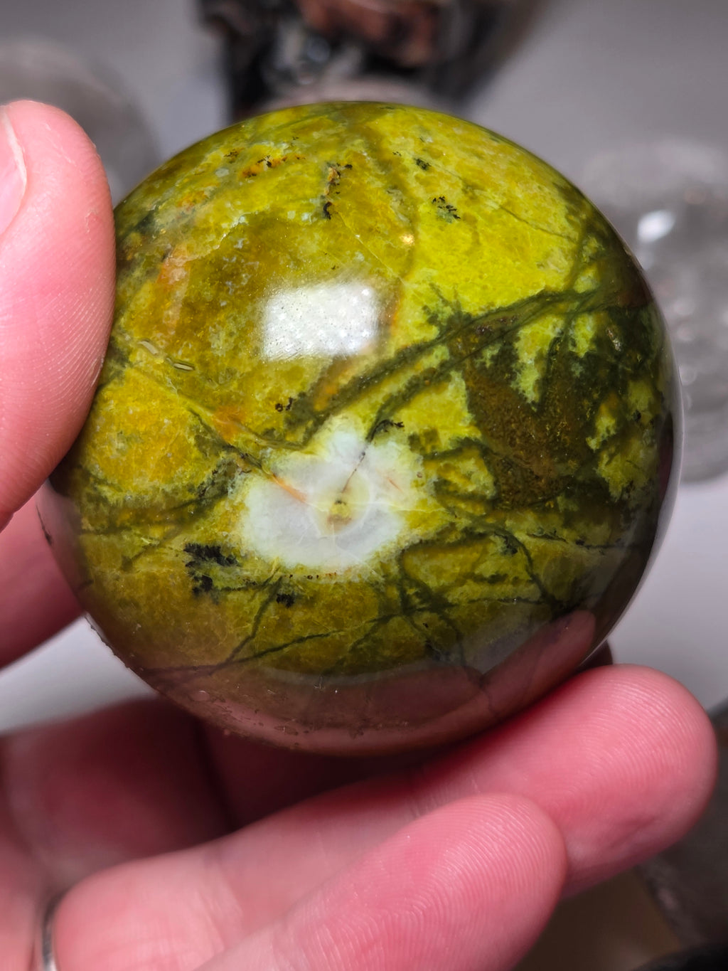 Green Opal crystal sphere carving with Stand