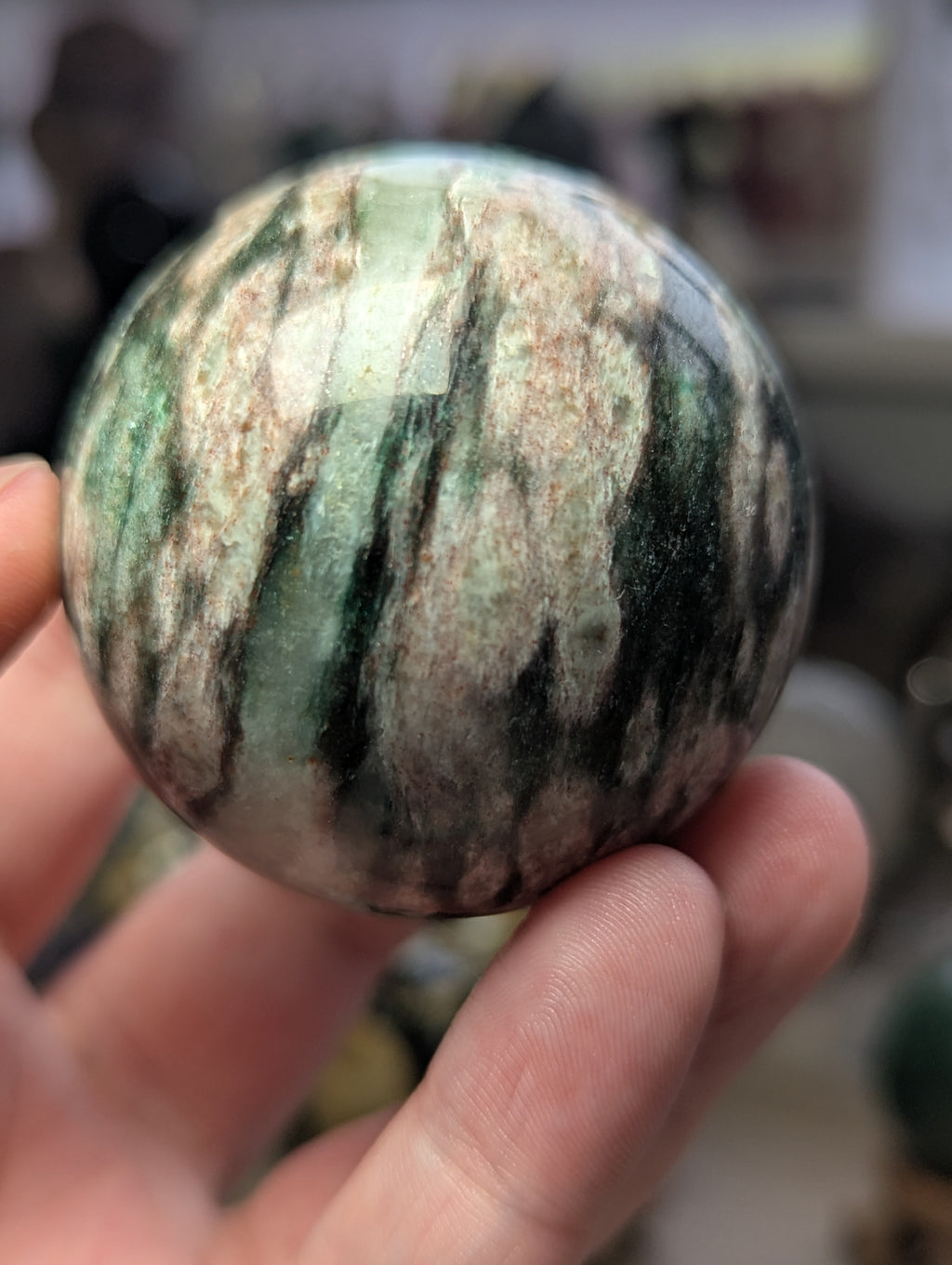 Green mica with plumb blossom tourmaline sphere 5cm
