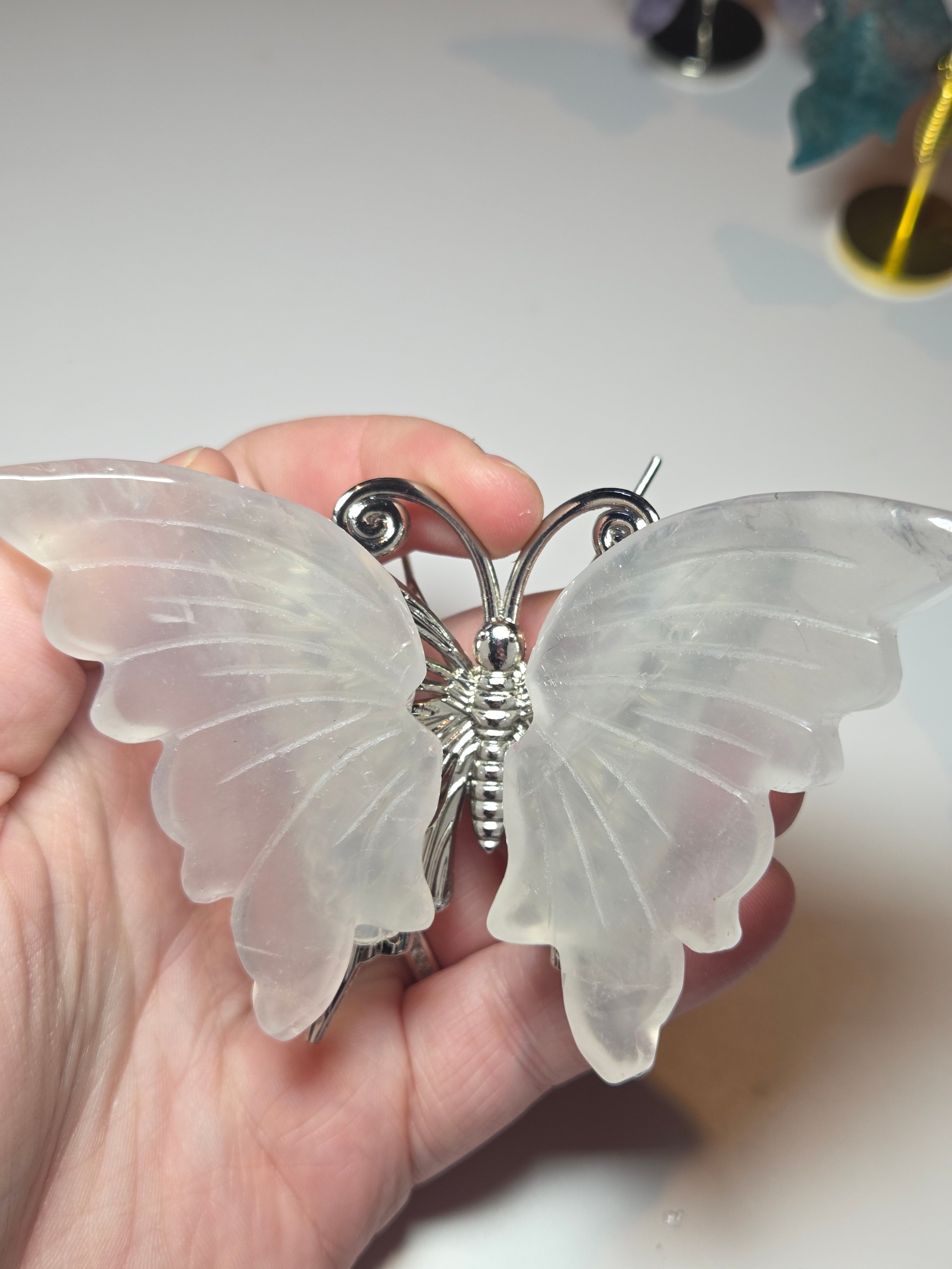Clear quartz crystal butterfly carving