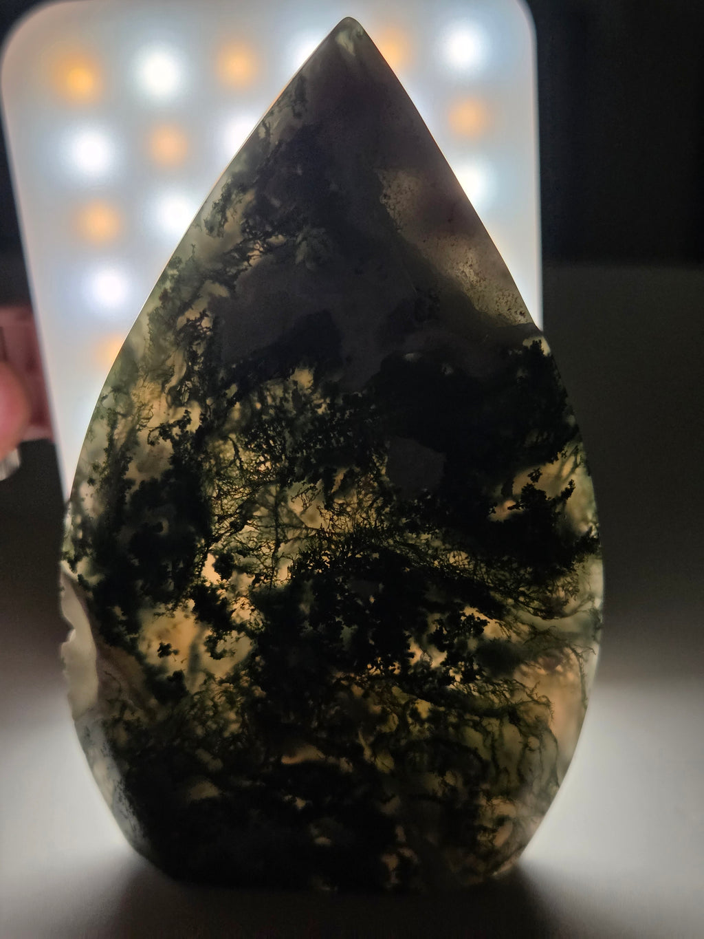 Moss Agate crystal tear drop carving