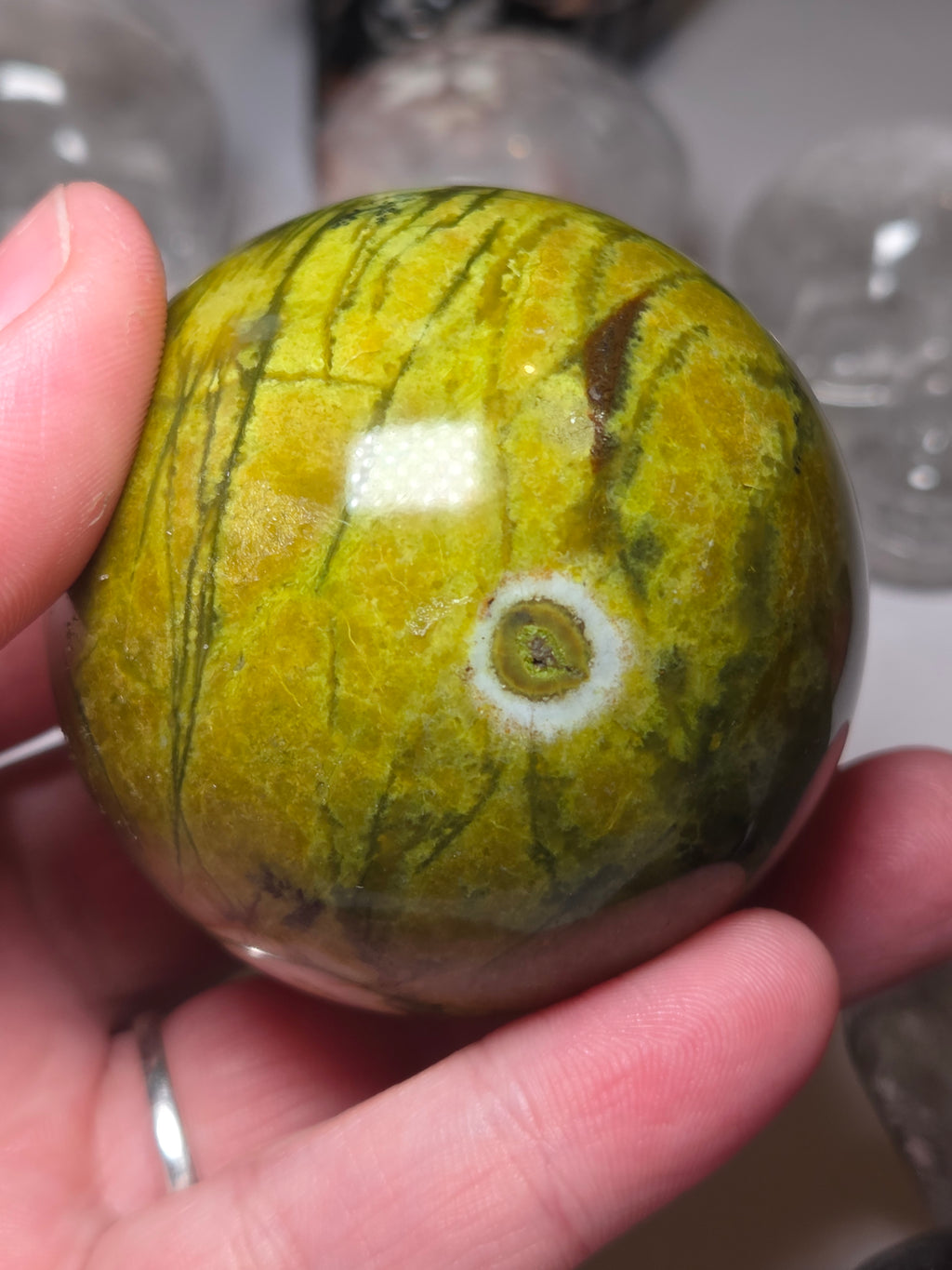 Green Opal crystal sphere carving with Stand