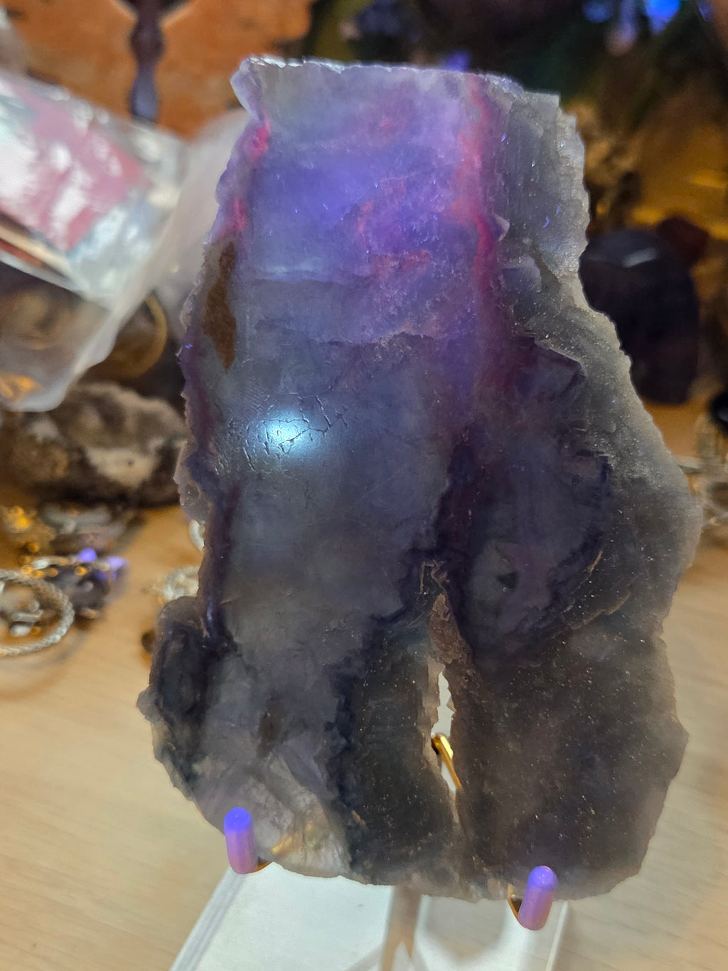 Blue flourite crystal slice with stand red UV reactive and sugar duzy