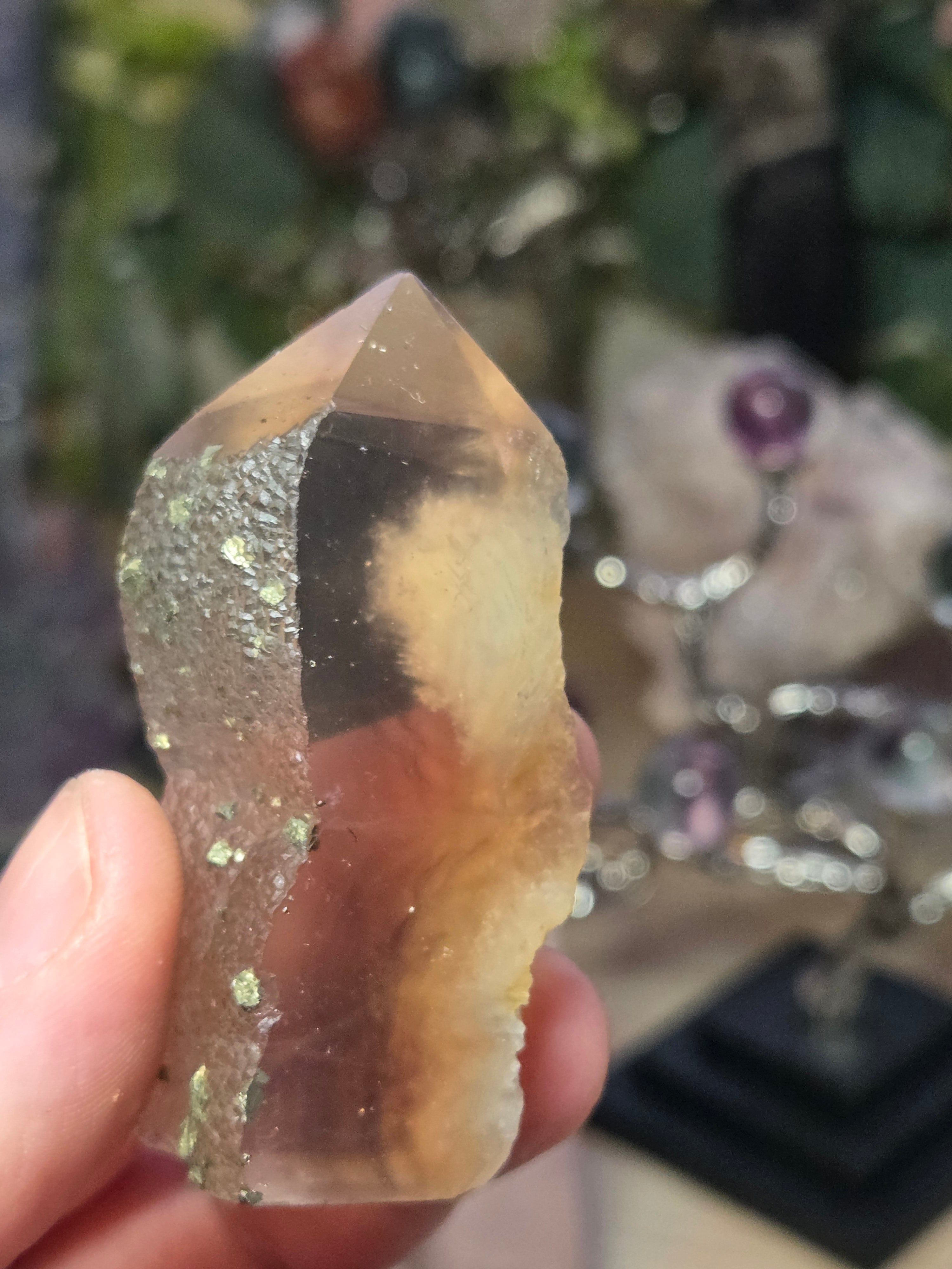 Raw Flourite crystal tower with pyrite
