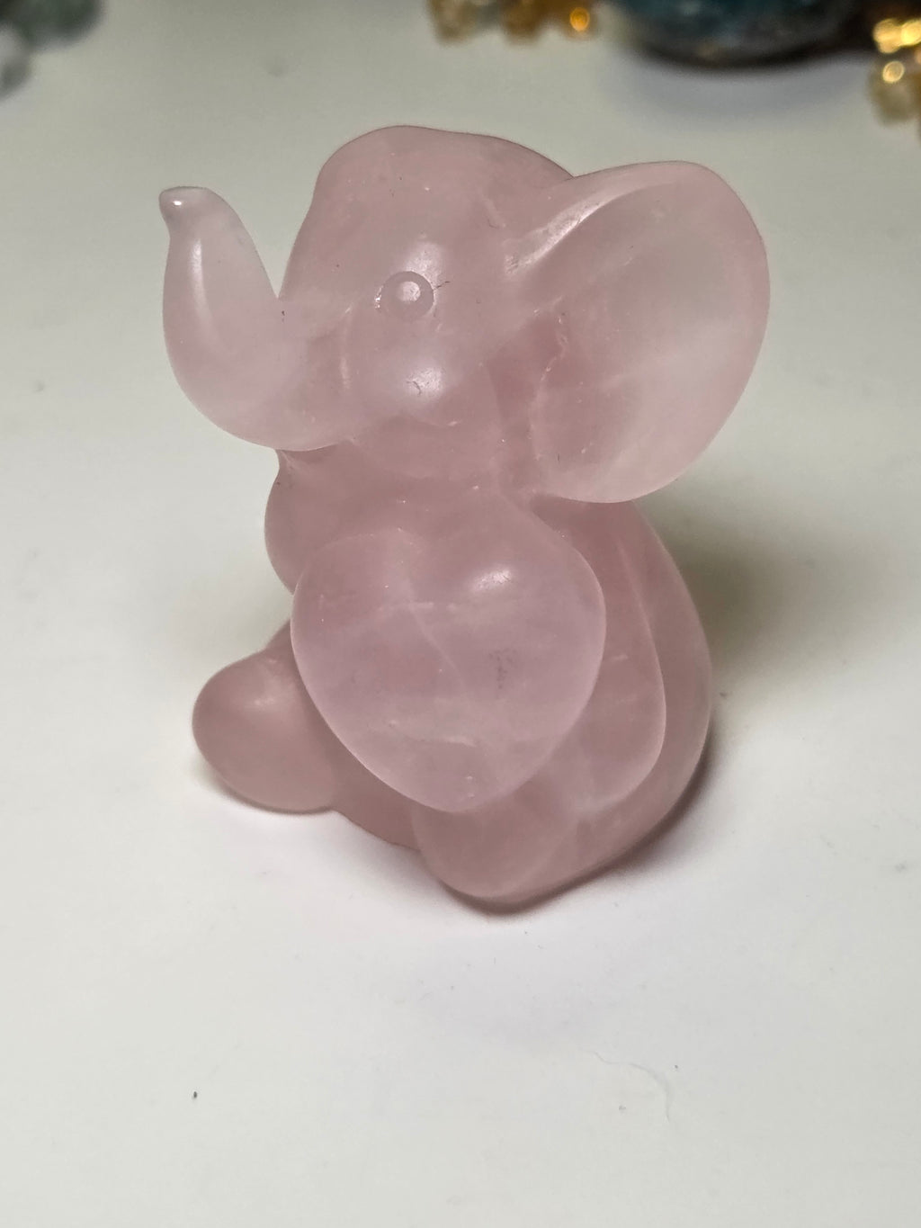 Rose quartz crystal Elephant carving with heart