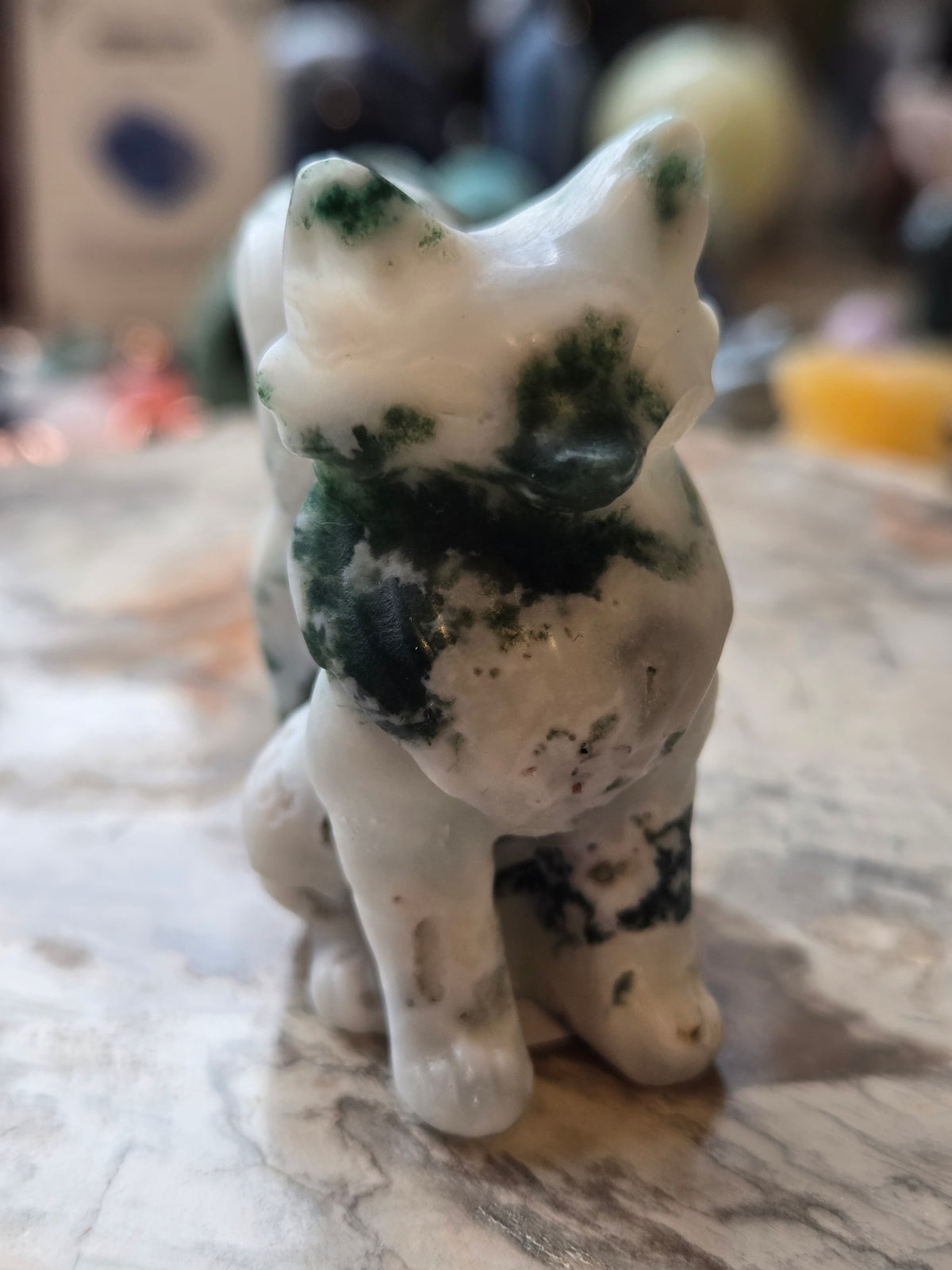 Moss agate crystal fox carving