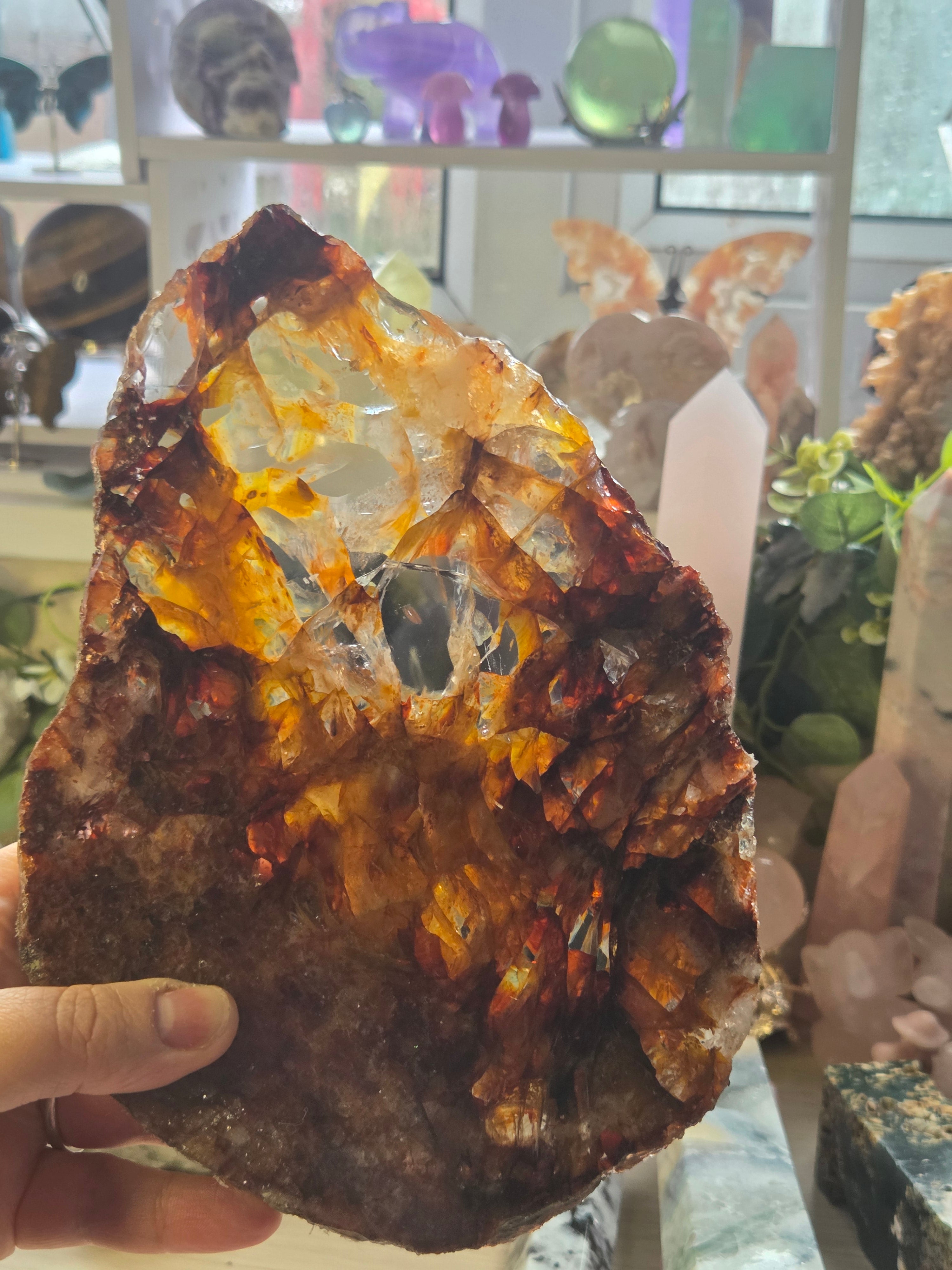 XL Grade A A fire quartz crystal slice with stand
