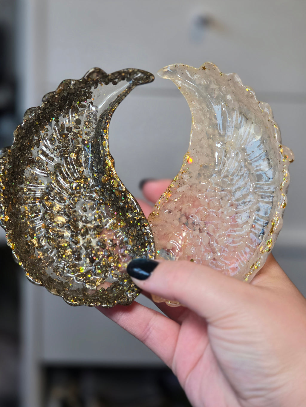 Set of 2 wings one pyrite and other clear quartz bowl