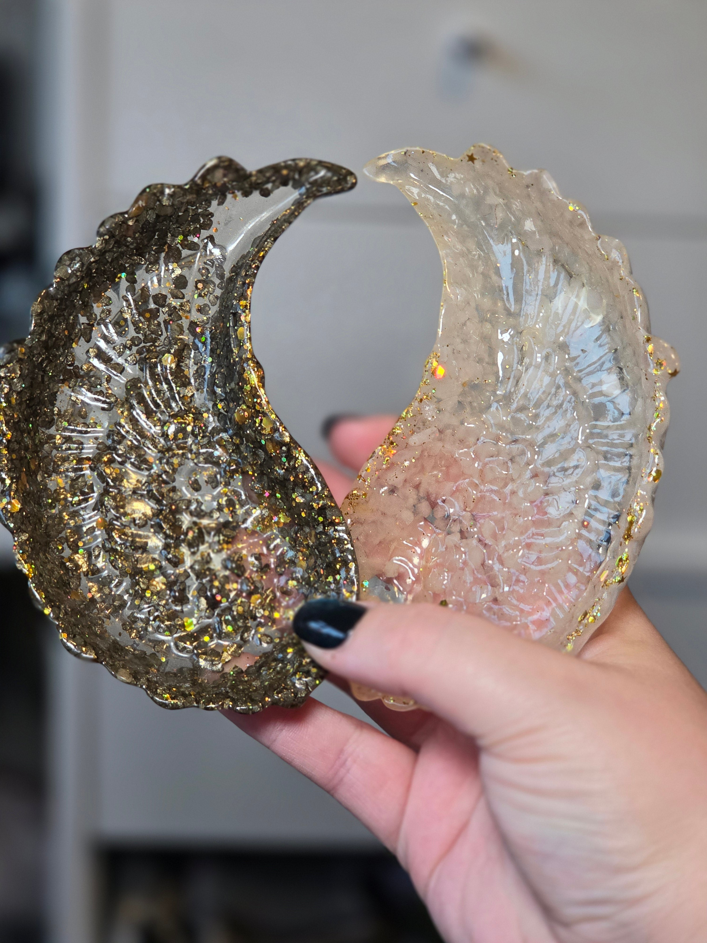 Set of 2 wings one pyrite and other clear quartz bowl